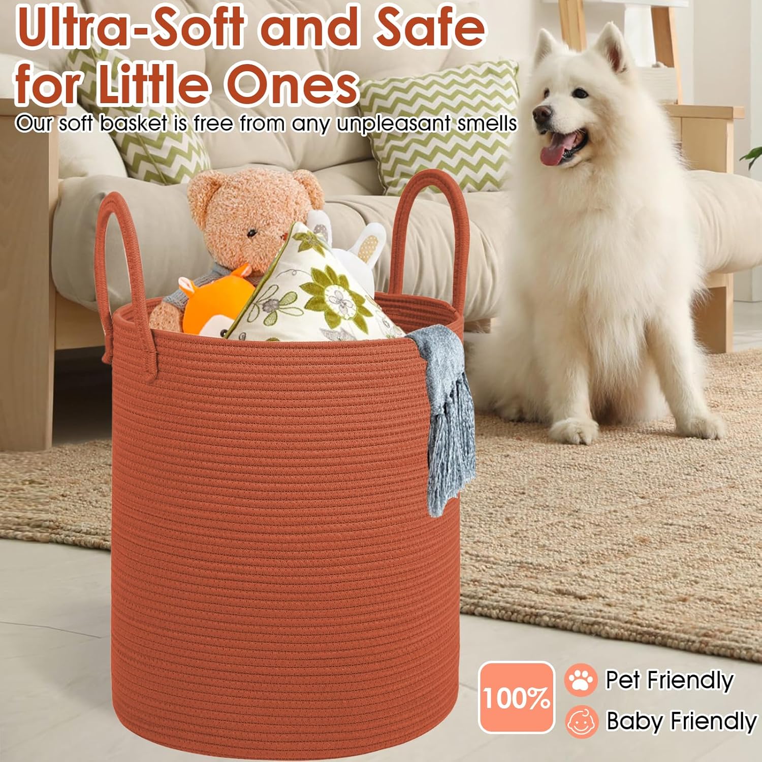 Cotton Rope Laundry Basket, Large Capacity Storage Bin with Handles, Blanket Basket for Living Room, Ribbed Texture, Brick Red, XX Large 100L