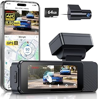 GKU Cámara de Coche Delantera y Trasera, Pantalla Táctil de 3.18", Dashcam 4K+1080P con Tarjeta SD de 64 GB, WiFi 5.8 GH...