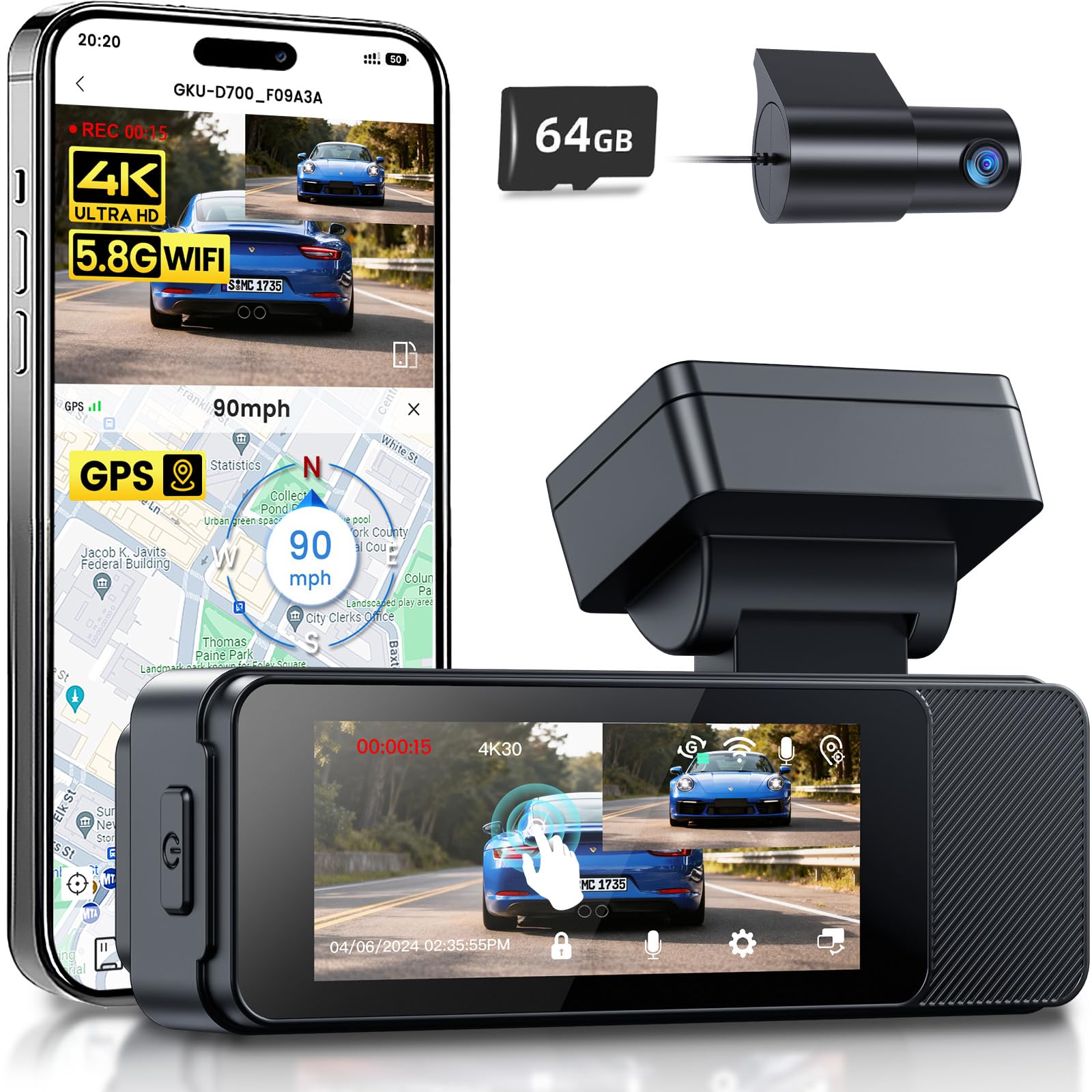 GKU 4K Dash Cam Front and Rear Camera, 3.18" Touch Screen, Dash Camera Built-in 5G WiFi & GPS, 4K+1080P Dashcams for Cars Support 512GB Max, Night Vision, 24H Parking Mode, G-Sensor (D700-CA)