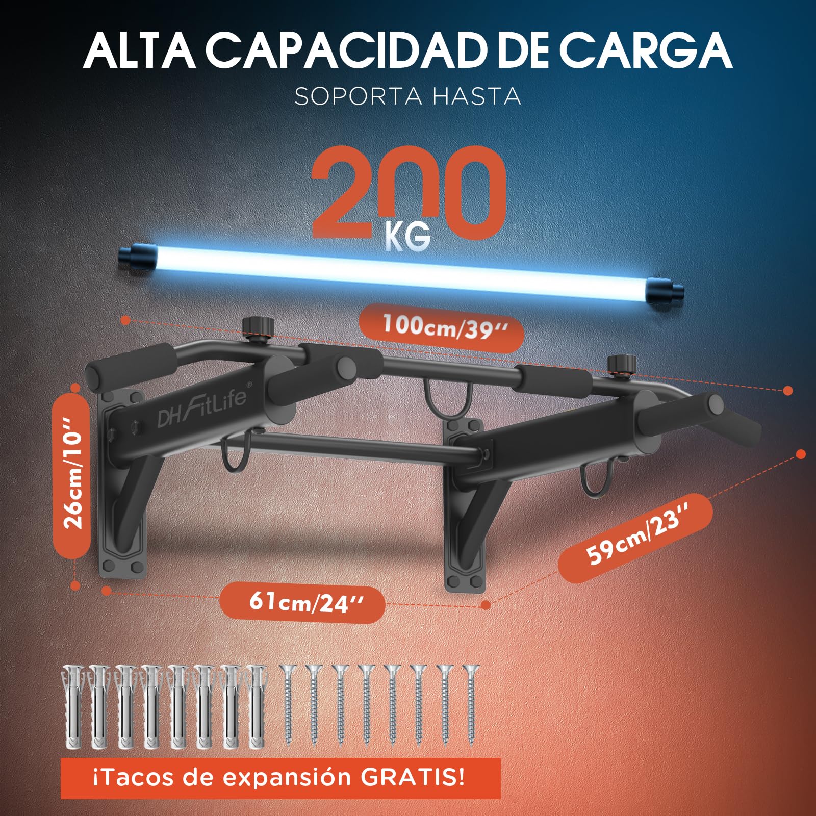 DH FitLife Barra de Dominadas Pared 4 en 1 con Tacos de Expansión | Pull-Up Bar Multifuncional para Casa | Hasta 200 kg | 6 Asas Antideslizantes | 3 Ojales para Saco de Boxeo y Cintas de Suspensión