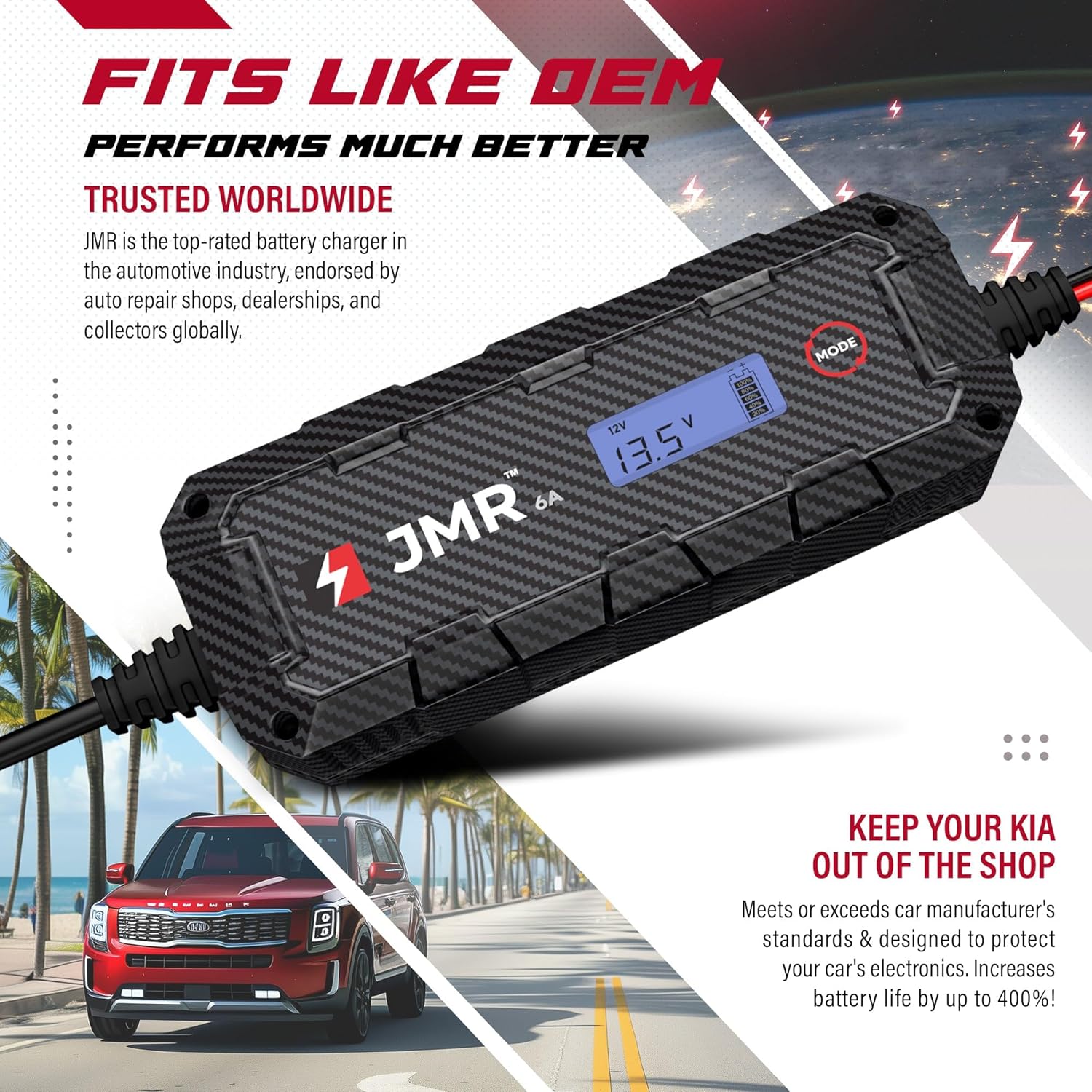 JMR Battery Charger for Kia K900 Stinger Telluride Sorento Carnival Cadenza Sedona Borrego NIRO Optima Soul All Models Trickle Charger Conditioner Maintainer (No Lithium Mode)