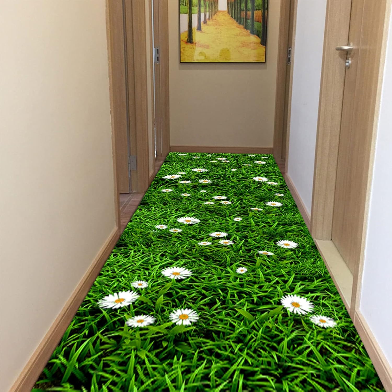 滑り止め 緑の芝生のヒナギクのカーペットランナー、屋内/屋外の洗えるドアマット、家の中庭パティオ用のカスタマイズ可能なノンスリップ廊