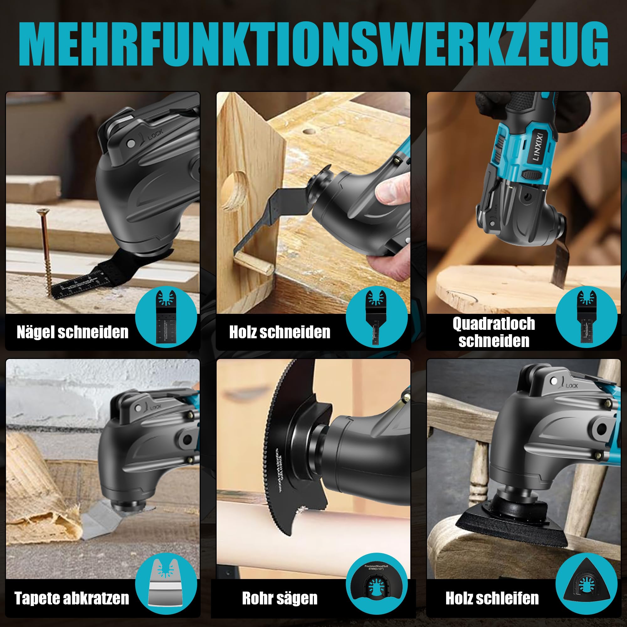 Akku Multifunktionswerkzeug mit 2x2000mAh Akku, kompatibel mit Makita LXT-18V Akku, Bürstenloses Oszillationswerkzeug Multitool mit 6 Geschwindigkeiten max.21.000 U/min, 4° Winkel, 23 Zubehör