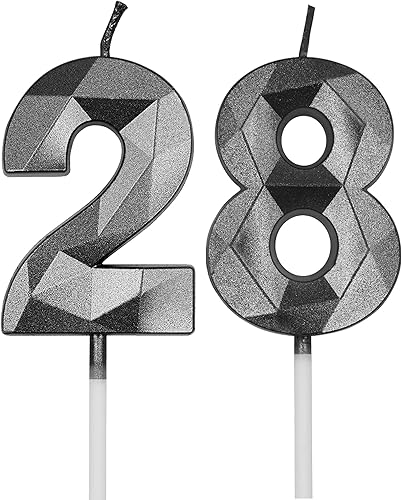 Miniatura 8 de Velas de cumpleaños de 28 y 82 para pastel, número plateado 28 82 3D con forma de diamante, decoración de cumpleaños, suministros de fiesta para