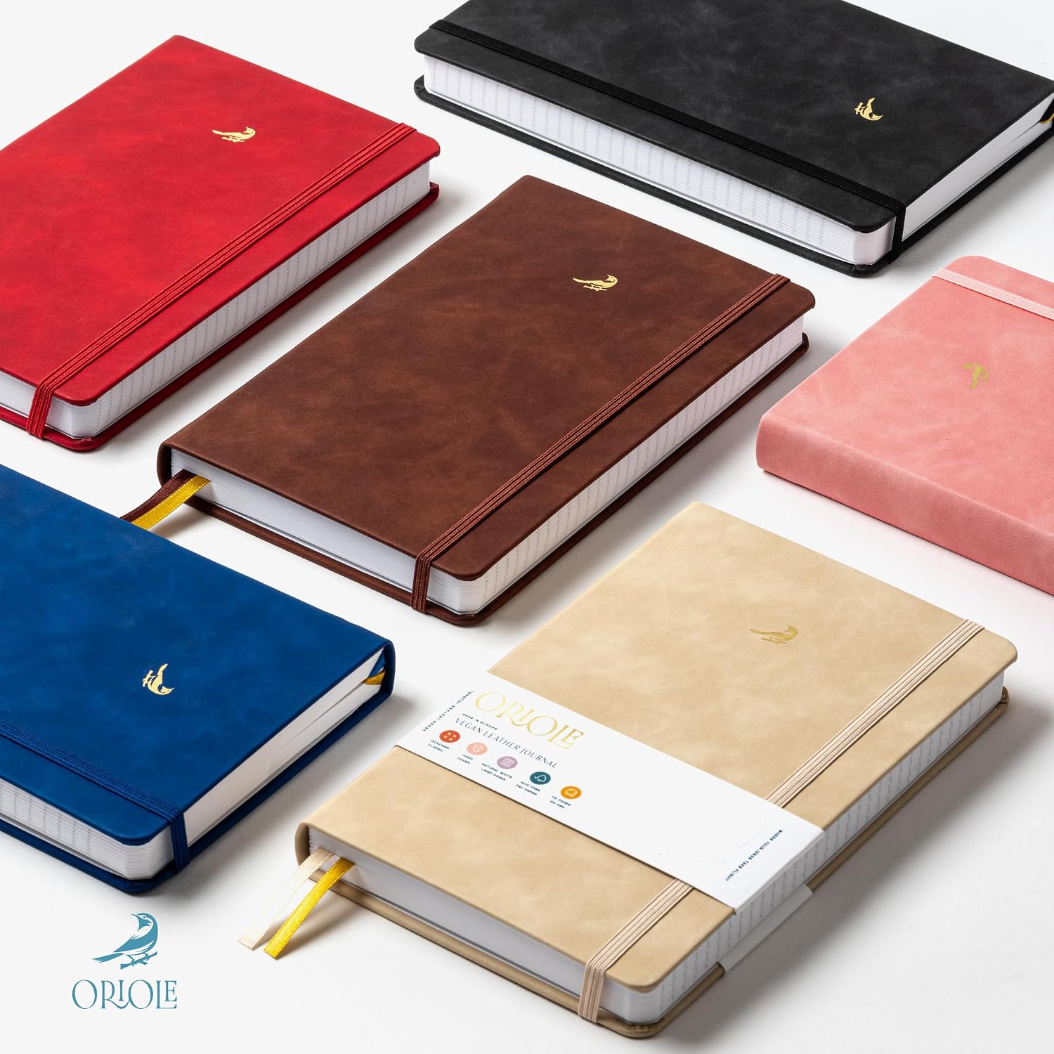Oriole Vegan Leather Ruled Notebook - Walnut Cream | 176 Pages of Thick Lined Paper | Soft Touch Hardcover Journal (5 x 8 in) with Gold Foil Bird Design & Luxury Gift Box