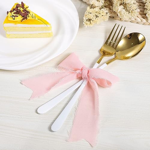 Miniatura 3 de Prudiut Cinta de gasa rosa y crema para envolver regalos, decoraciones de fiesta de boda, envoltura de ramo de flores, 1.5 pulgadas, 8 yardas (4