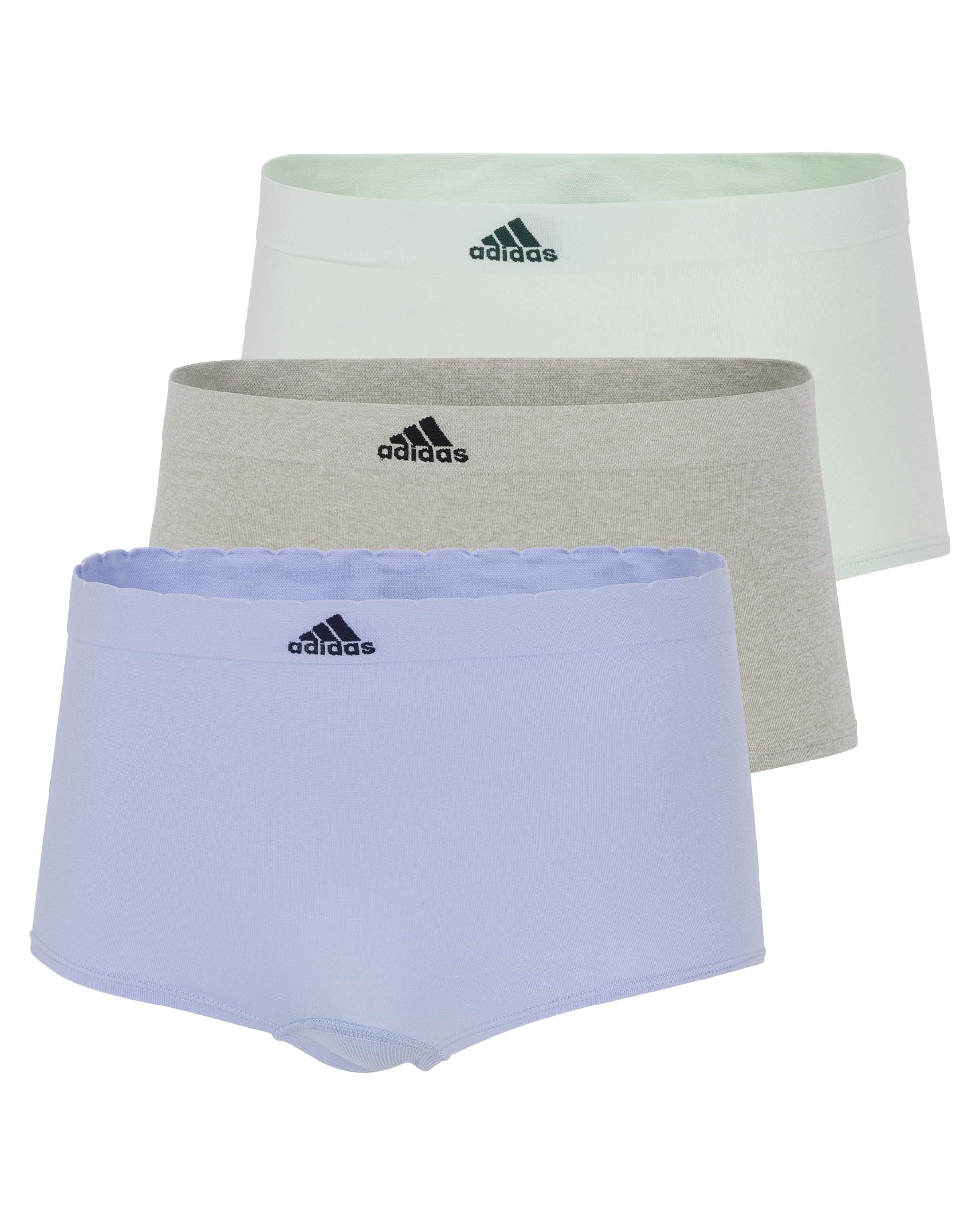 adidas womens Seamless Boyshort Underwear Multipack, Blue Dawn Scallop/Heather Grey/Linen Green, M