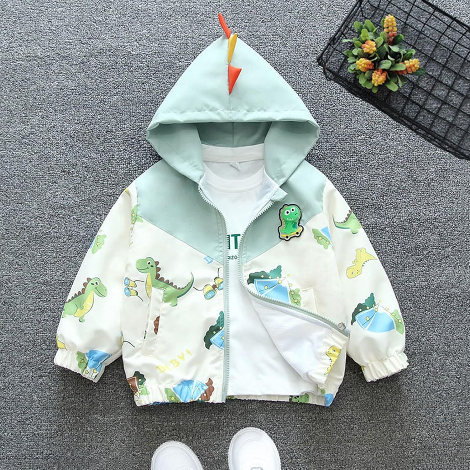 PINU Little Kids Dinosaur Hooded Jacket, Cute Spring Fall Windbreaker