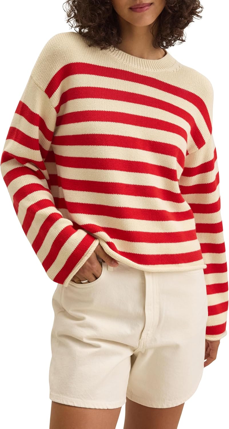 VELVET BY GRAHAM & SPENCER Women's Lex Cotton Cashmere Sweater, Cream/Red