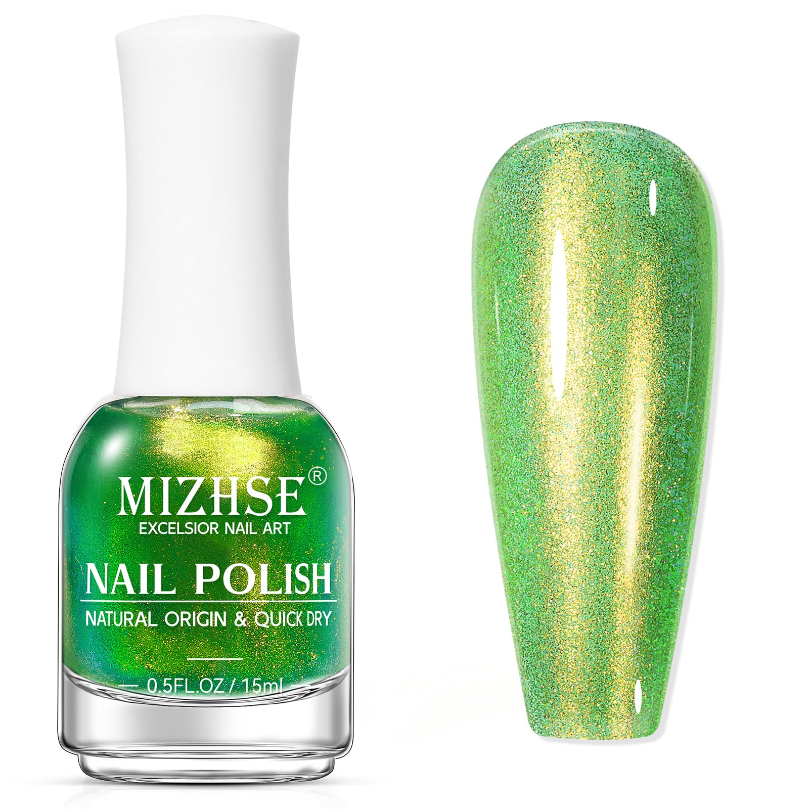 MIZHSE Quick Dry Nail Polish, Holographic Neon Green Nail Polish Air Dry Fast, 15ml/0.5 fl oz Regular Shiny Glitter Oil-based Shimmery Nail Lacquer