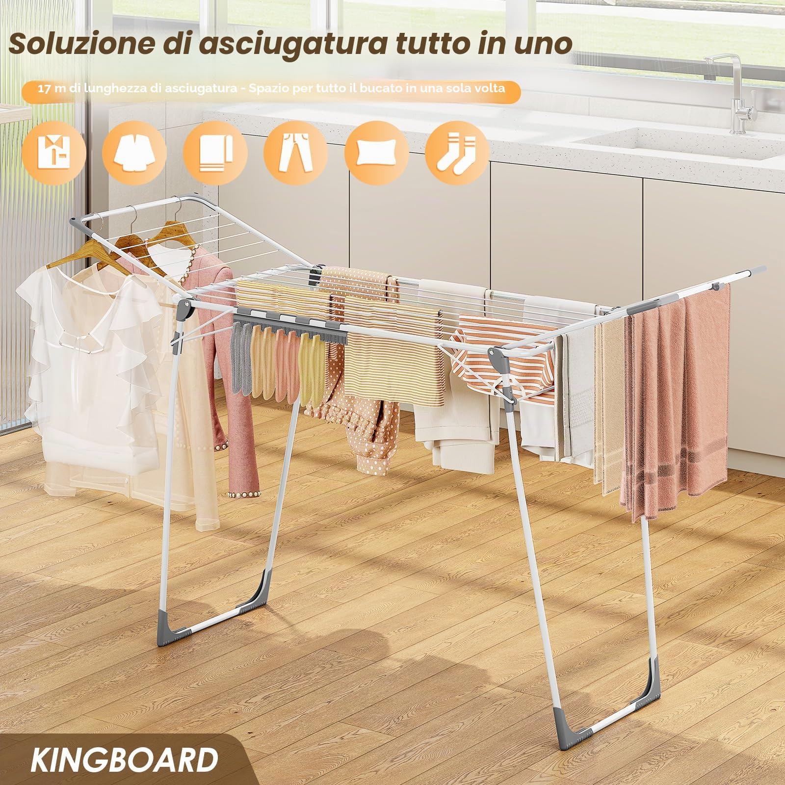 KINGBOARD Stendibiancheria pieghevole grande, stendibiancheria con ali estensibile 174x97x156 cm, stabile stendibiancheria con piedi antiscivolo, asciugabiancheria pieghevole per interni ed esterni