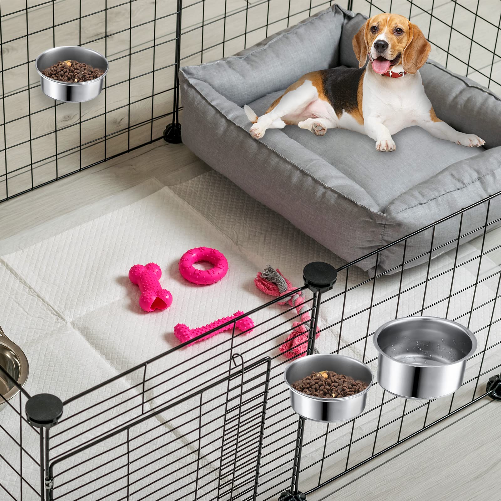 Zopeal 6 tazze da cucina in acciaio inox per animali domestici, con supporto per morsetto, per gatti, cani, casse, gabbie, canili, 2 misure