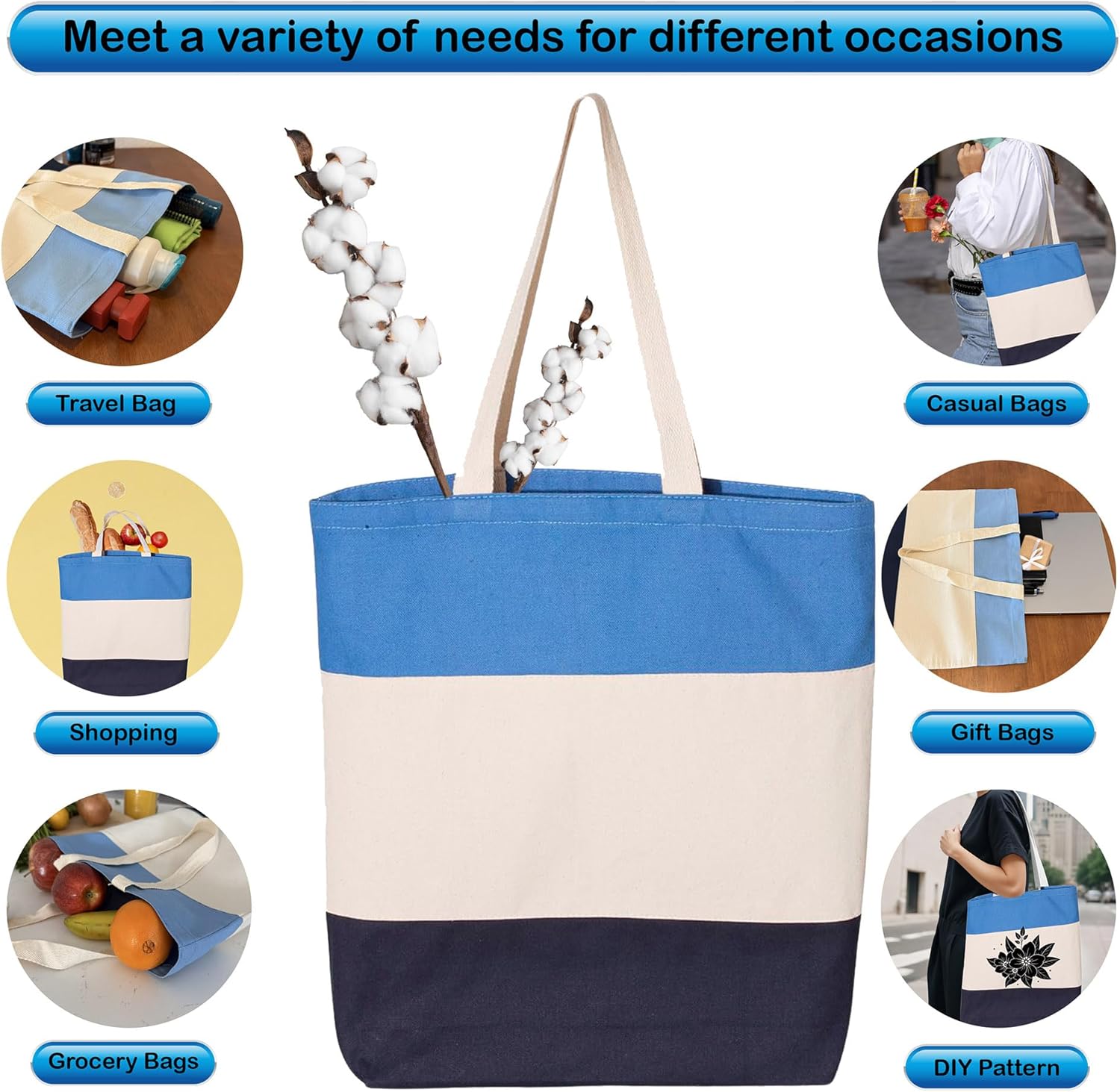 Blue Tri-Color Canvas Tote Bag, Sturdy 15x15" Cotton Tote for Shopping, DIY Projects, Work Events, and Everyday Essentials with Durable Handles - Image 3