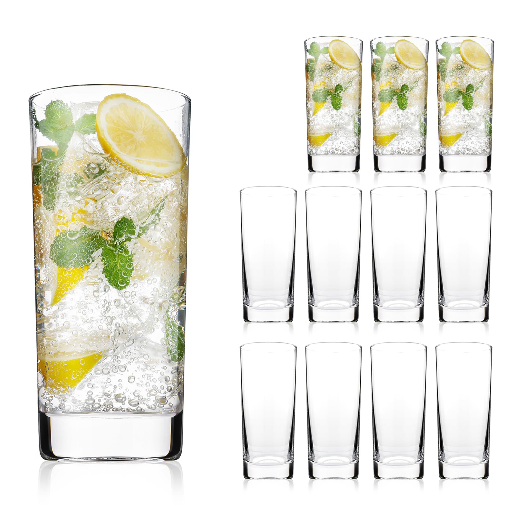 OUWO Highball Glasses Set of 12 13oz Tall Drinking Glasses Water Glass for Kitchen Tom Collins Glasses Mojito