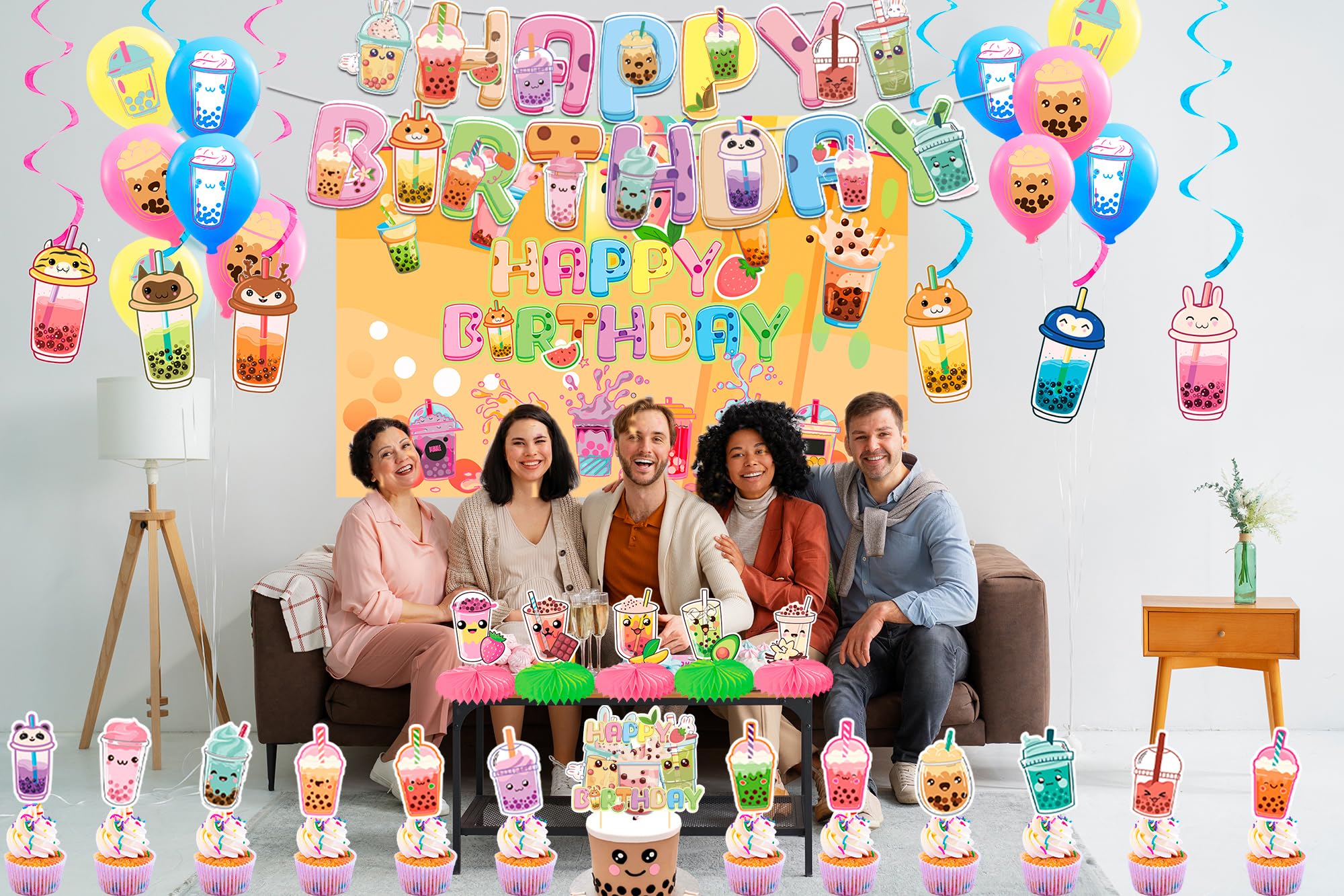 Decoraciones de fiesta de té Boba - Decoraciones de cumpleaños con pancarta de té de Boba, fondo, espirales, centros de panal, adornos para cupcakes, globos