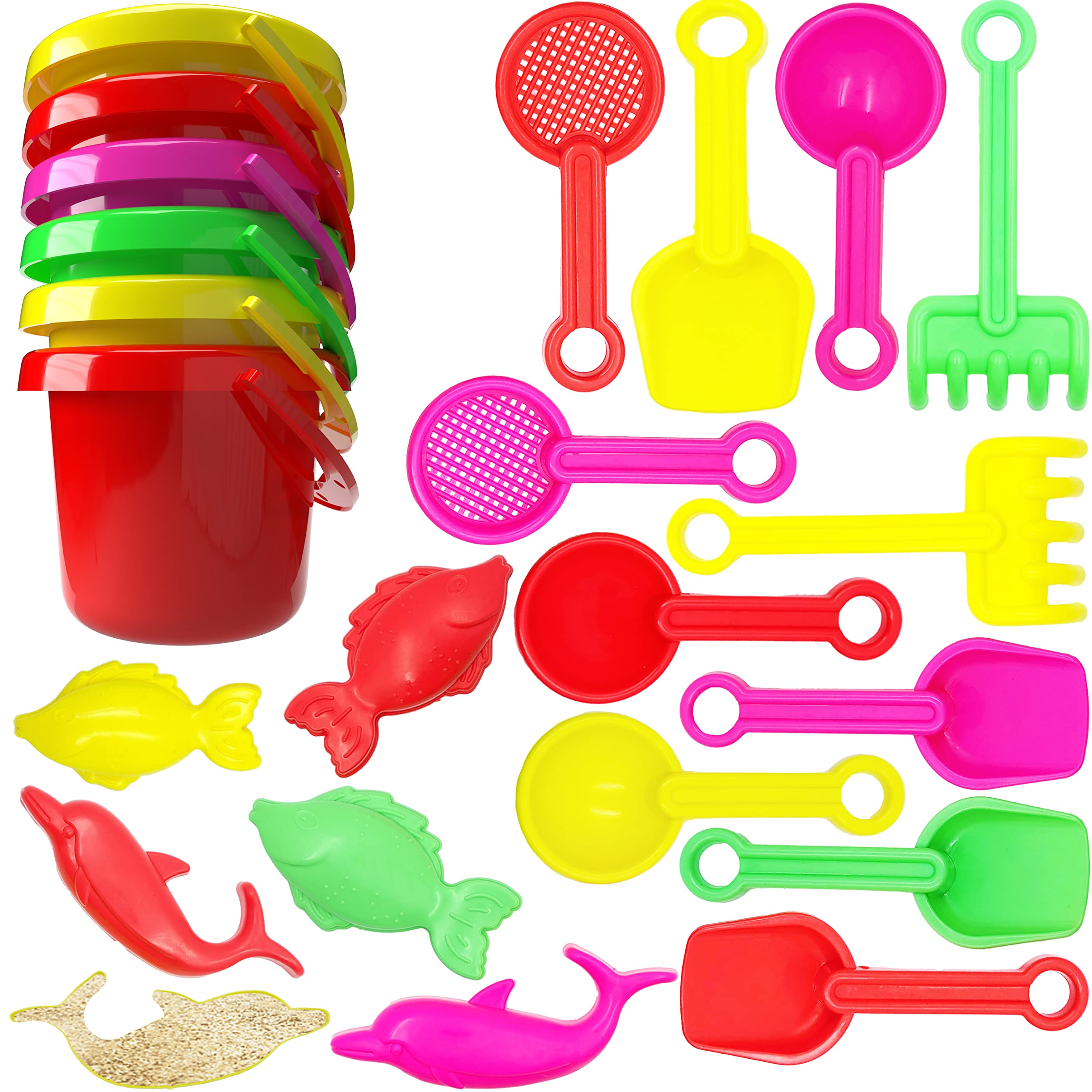 The Dreidel Company Mini Beach Day Playsets (Pack of 6) 3.25" Sand Bucket Play Set Box Includes, Pail, Shovel, Rake, Sifter Scoop, Dolphin Fish Sand Trays Toy for Boys and Girls Birthday Party Favor