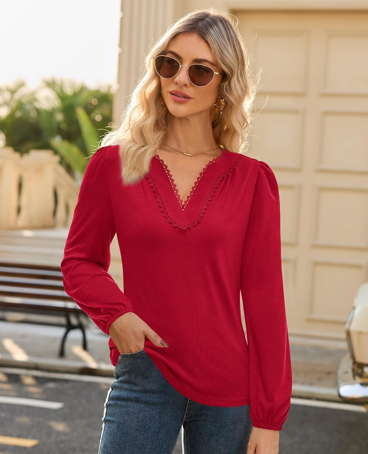 siliteelon Long Sleeve Blouses for Women Dressy Casual Tops for Women Trendy V Neck Lantern Long Sleeve Lace Trim 2026 Spring - Image 2