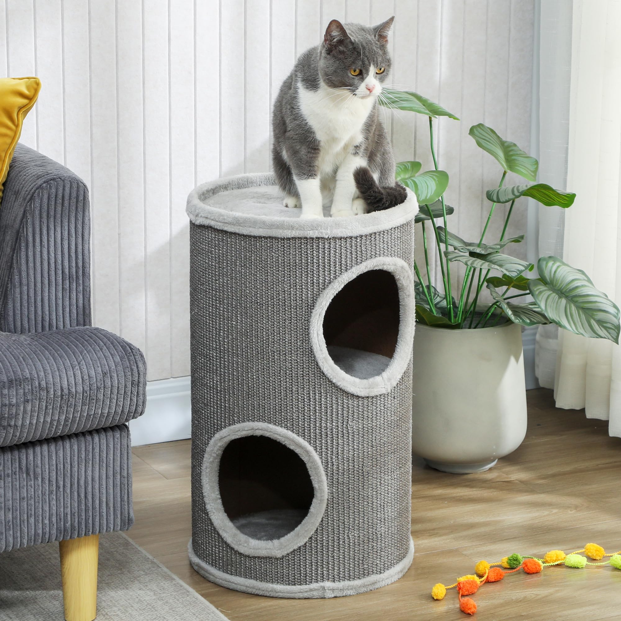 PawHut Arbre à Chat, 60 cm de Haut, Ø 35 cm, Deux étages avec 2 niches, Bordure en Peluche, Tour pour 1 à 2 Chats jusqu'à 5 kg, Gris Clair