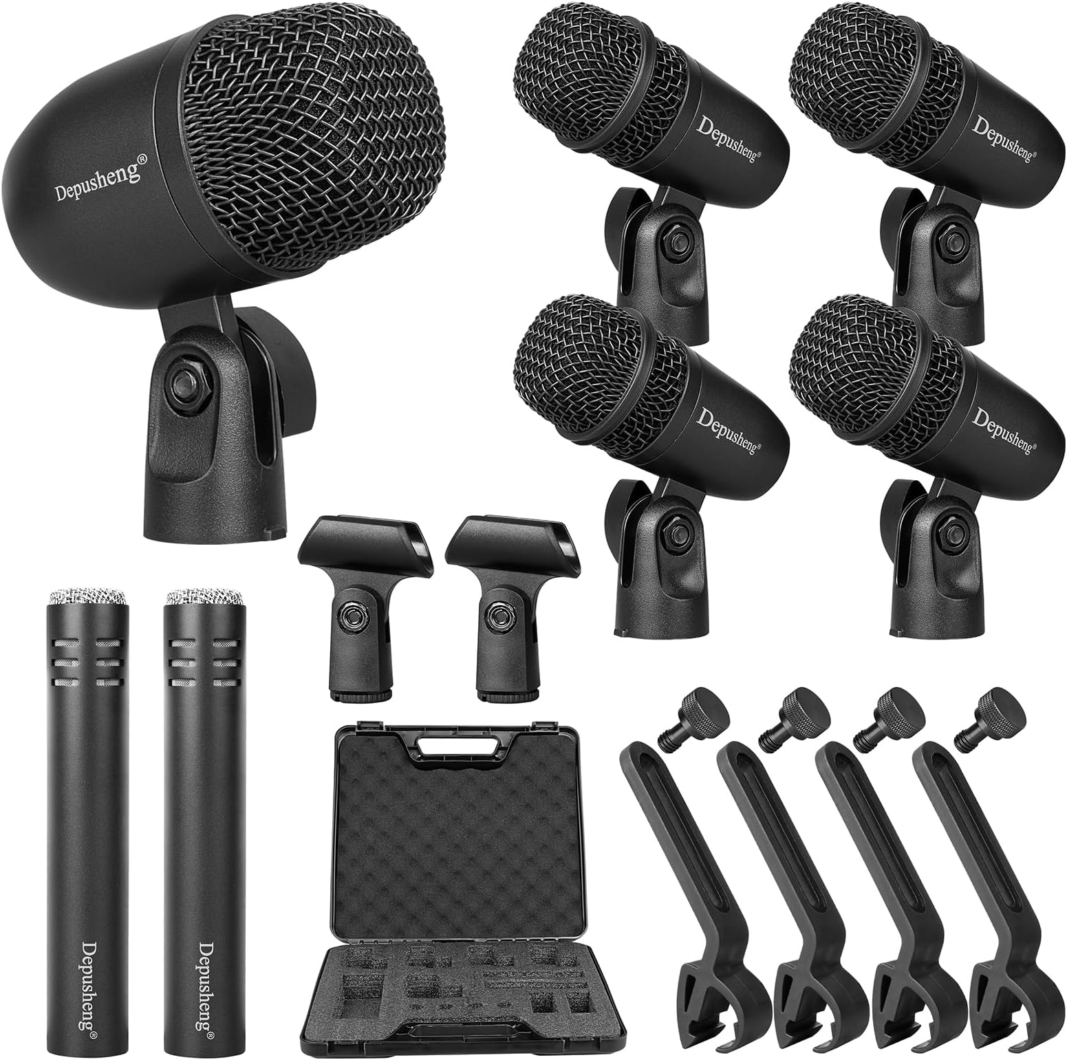Depusheng 7-Piece Drum Microphone Set with 5 Dynamic Percussion Microphones and 2 Condenser Percussion Microphones Ideal for Instrument Recording and Music Production