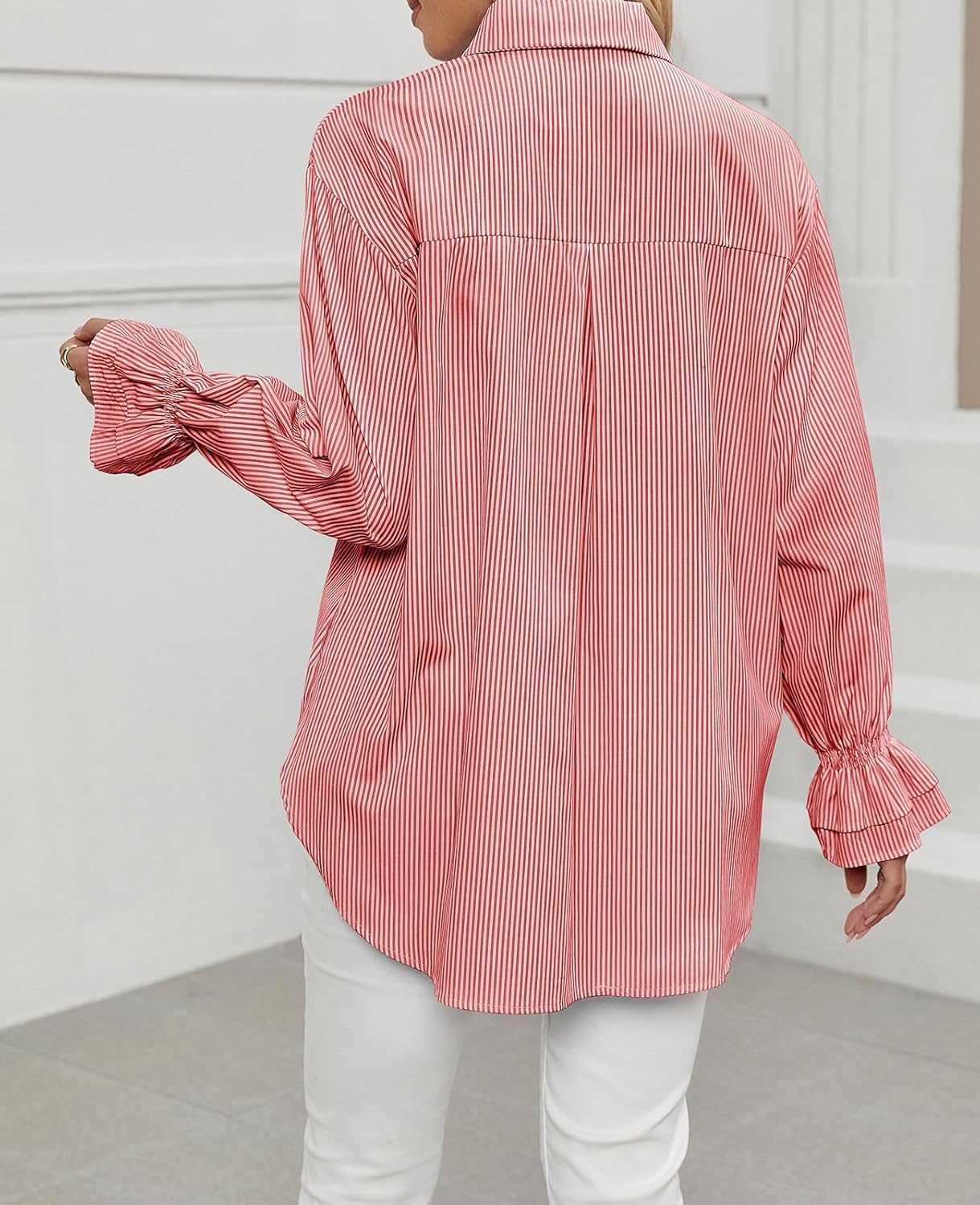 whoinshop Women's Striped Button Down Shirts Oversized Smocked Cuffed Boyfriend Shirt Puff Sleeve Blouse Top with 3 Pockets - Image 2