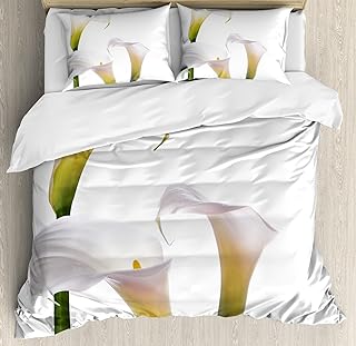 Ambesonne Flower Duvet Cover Set, Flourishing Calla Lilies on White Fresh Spring Bouquet Gentle Nature Theme, Decorative 3 Piece Bedding Set with 2 Pillow Shams, Queen Size, Green White Yellow