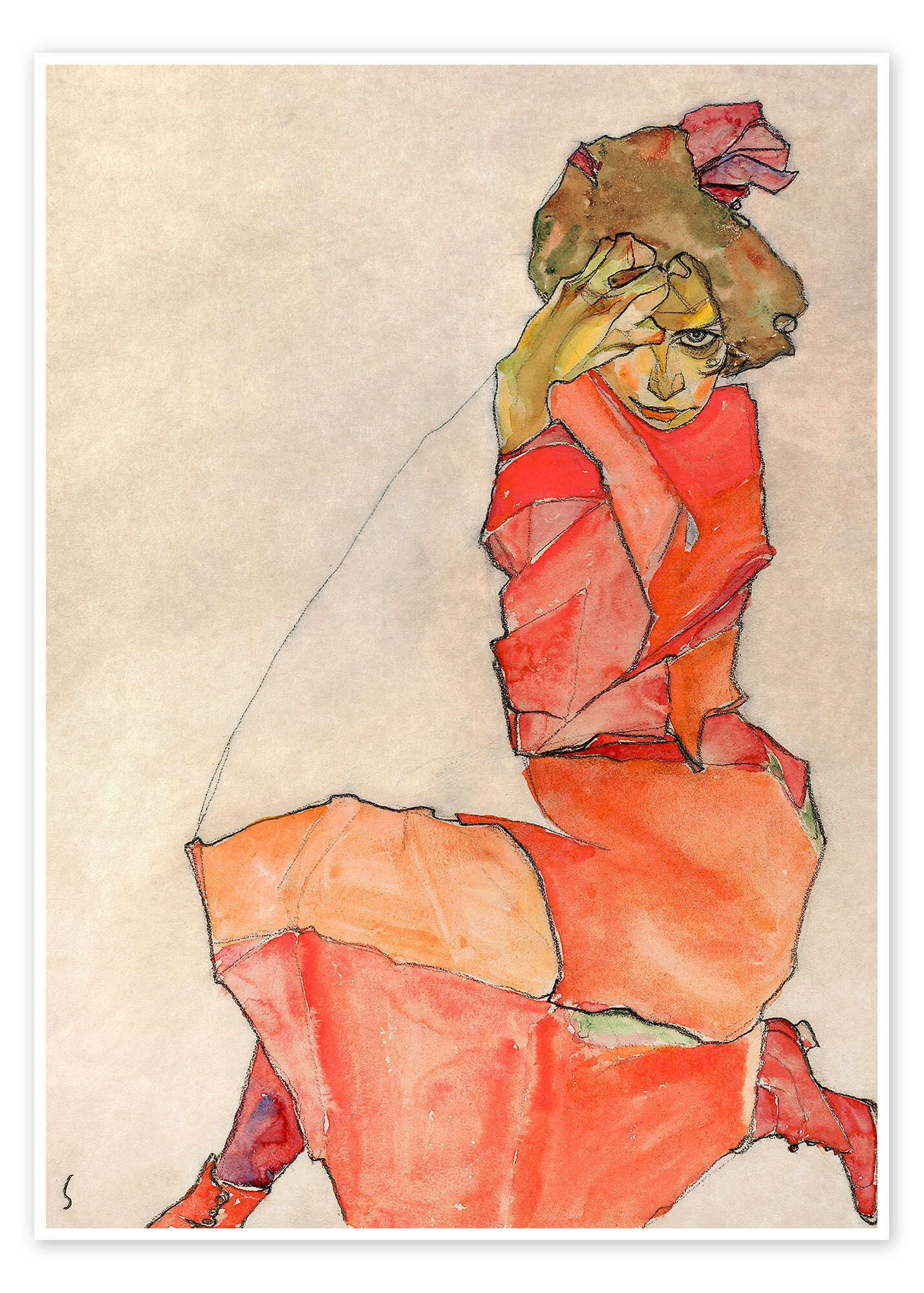 Posterlounge Kniendes Mädchen in orange-rotem Kleid Poster | 100 x 130 cm von Egon Schiele Beige Wandbilder Wanddeko