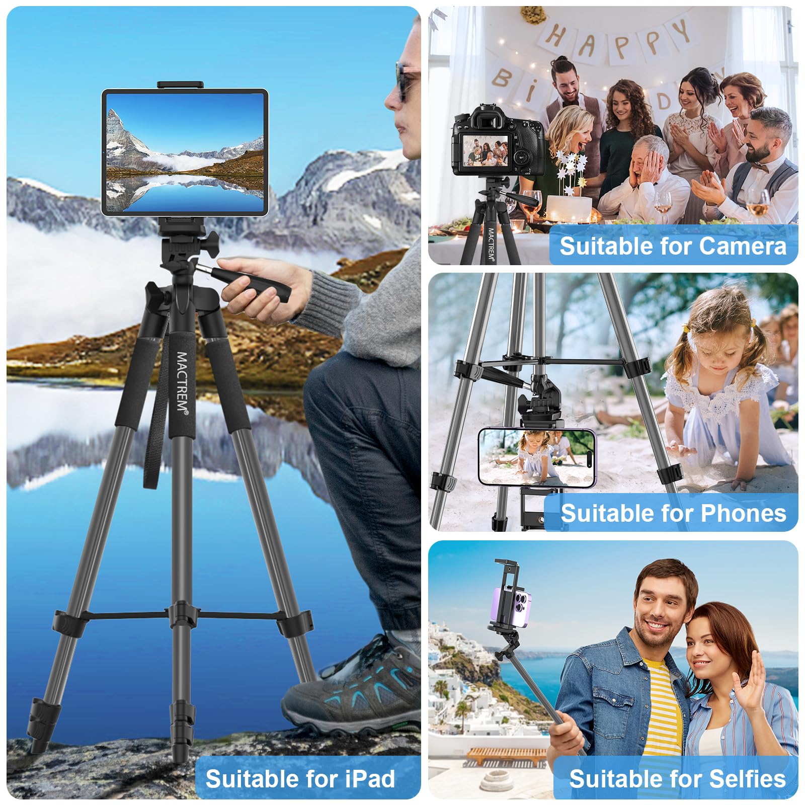 Trípode para iPad iPhone Cámara, MACTREM 165 cm Tripode Cámara de Movil con Remoto Bluetooth para Tableta Smartphone/Huawei/Samsung, GoPro, Nikon, Sony -Gris
