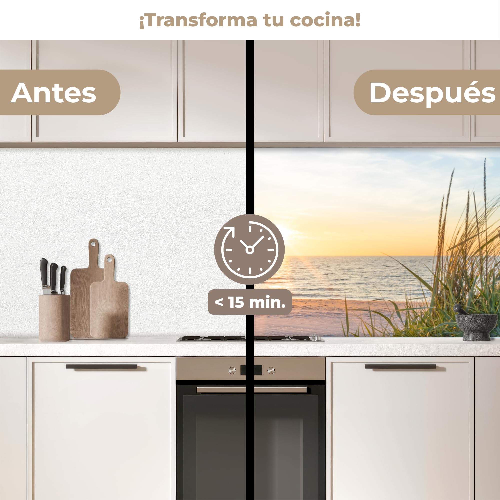 KitchenYeah© Antisalpicaduras Cocina 60x200 cm Adhesivo Salpicadero Protector Salpicaduras Sink Splash Guard Playa - Sol - Duna - Hierba - Arena - Horizonte | 60 x 200 cm – Panel trasero de cocina para cocina, pared, playa, sol, duna, hierba, arena, horiz