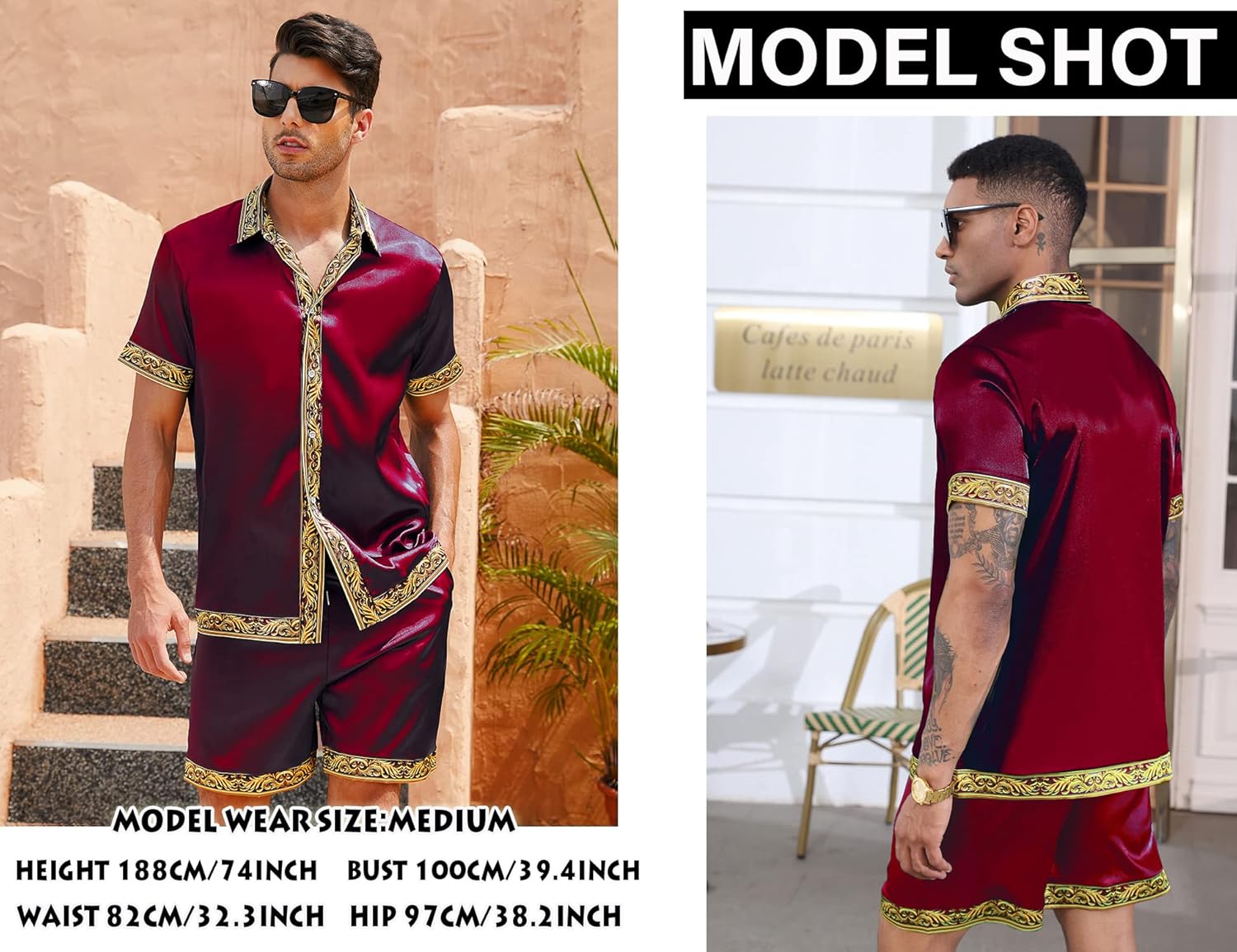 Men's Hawaiian Shirt and Short Set 2 Piece Outfits Luxury Printed Casual Button Down Short Sleeve Satin Shirt Suits