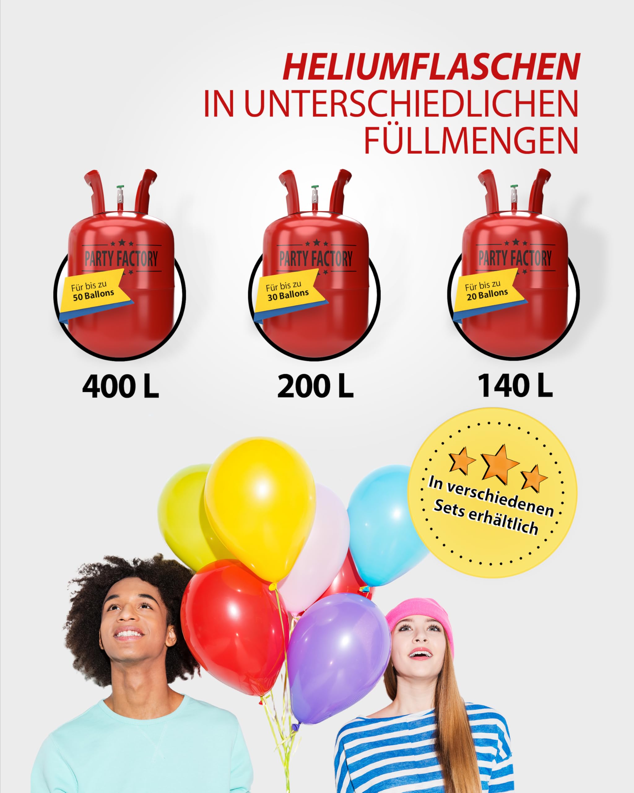 Party Factory – Helium Gasflasche 1x 200L für ca. 30 Luftballons – Partydeko Ballongas Flasche für Latex- & Folienballons – Einwegflaschen mit Knick-Füllventil – Für Partys, Hochzeiten und Geburtstage