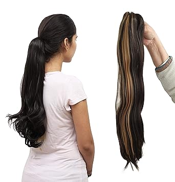 Foreign Holics Ponytail Extension Synthetic Good Quality Straight Hair Extension Clutch 24 Inches (Brown Golden Highlighter)