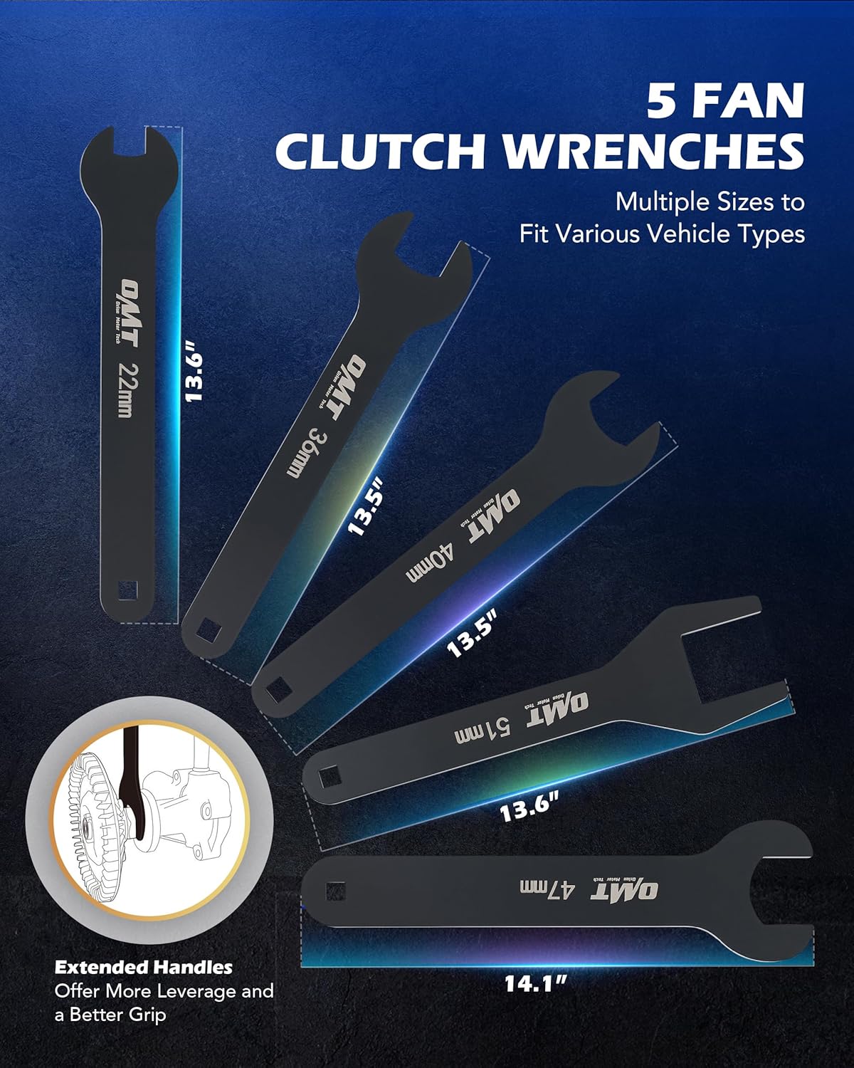 Orion Motor Tech 15pc Fan Clutch Wrench Set, Heavy-Duty Fan Clutch Tools Compatible with Ford GM Dodge Trucks, Fan Clutch Removal Tool Kit with 22 36 40 47 51 mm Wrenches Pulley Holder Pins