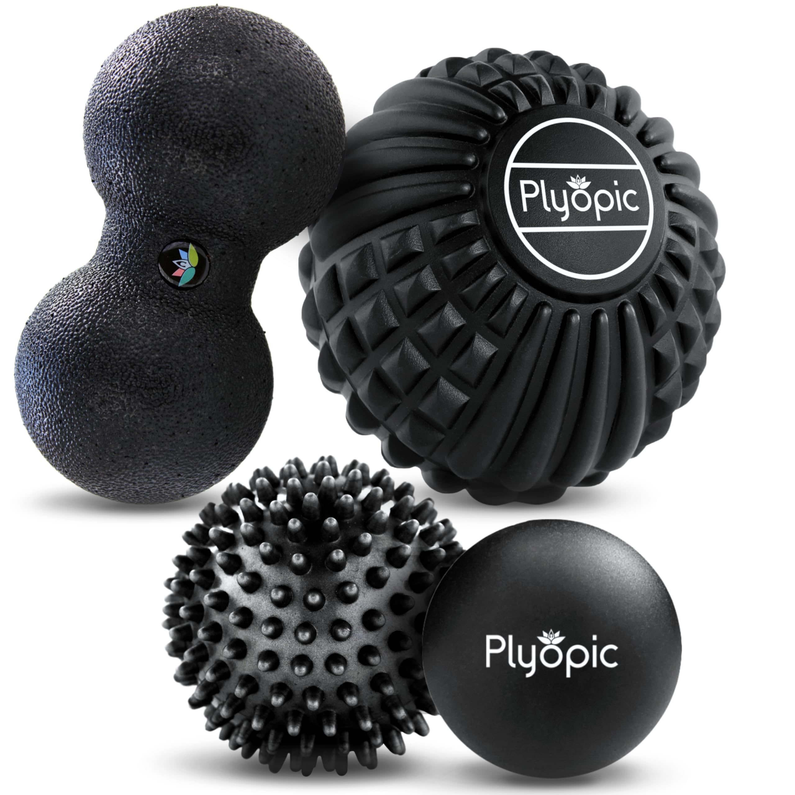 Plyopic Deep Tissue Massage Ball Set – Set of 4: Lacrosse, Spiky, Peanut and 12cm Foam Roller Massager Balls | for Muscle Pain, Mobility Therapy, Myofascial Release and Trigger Point Relief