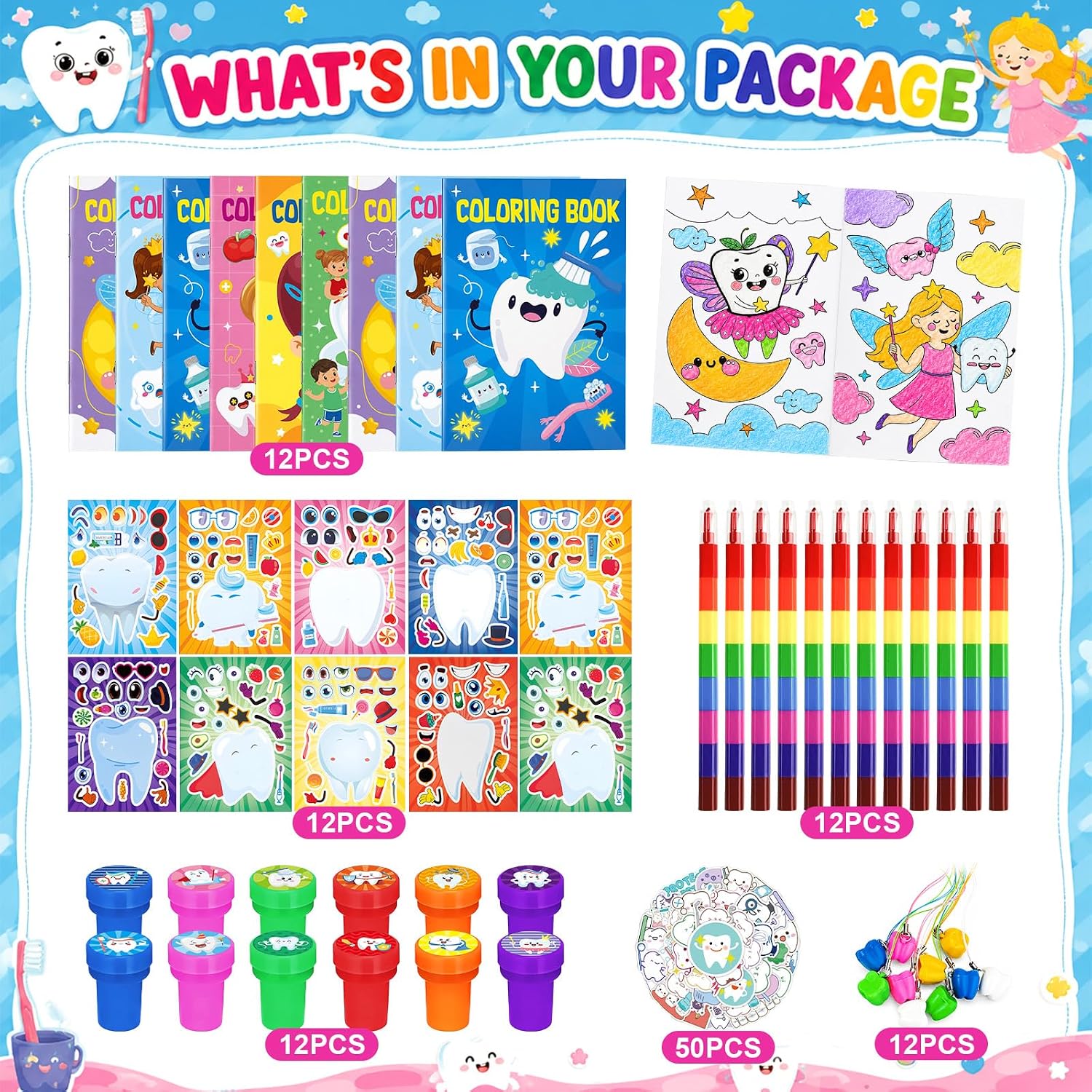 Cinrobiye 110 PCS Tooth Fairy Party Favors Bulk,Dental Theme Goodie Bag Fillers with Coloring Books,Stickers and Tooth Shaped Gifts,First Tooth Party Supplies,Classroom Rewards image 3