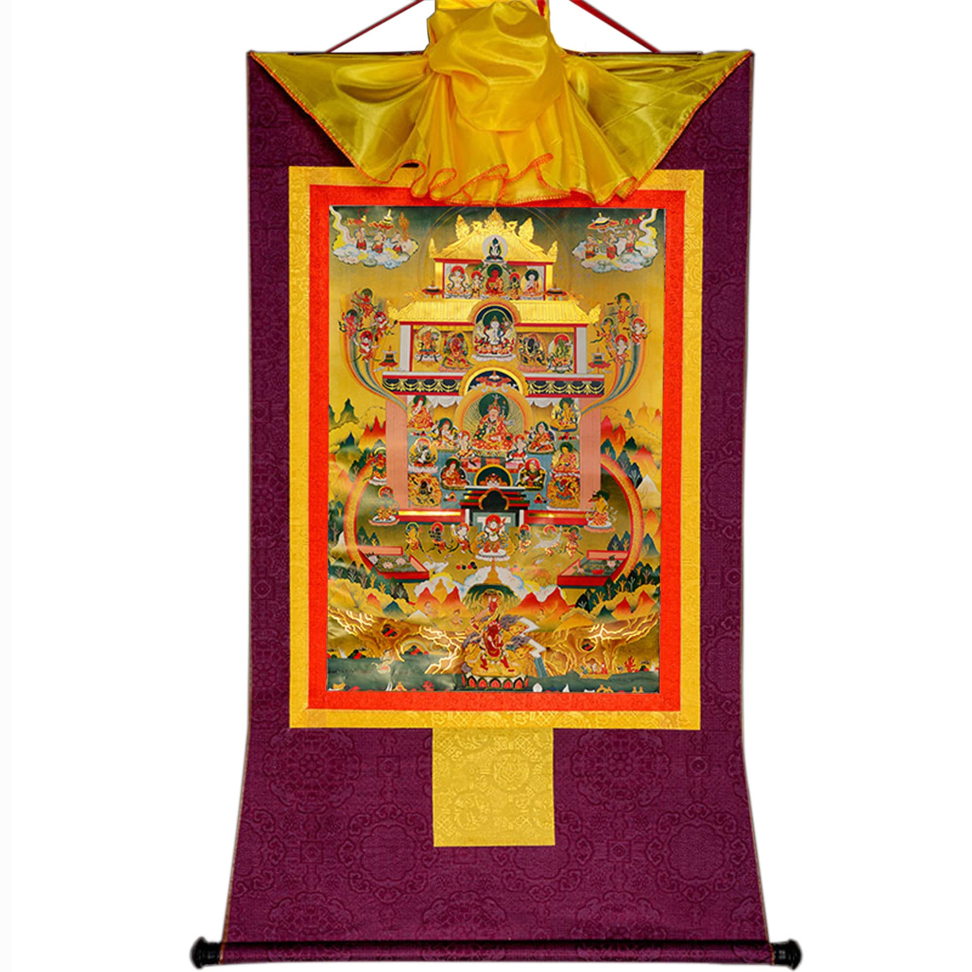 Gandhanra Tibetan Buddhist Thangka Wall Hanging,Guru Rinpoche's Pure Land Thangka,Hot Stamped Brocade Buddhist Tapestry for Home Decor, Meditation, Spiritual Relaxation