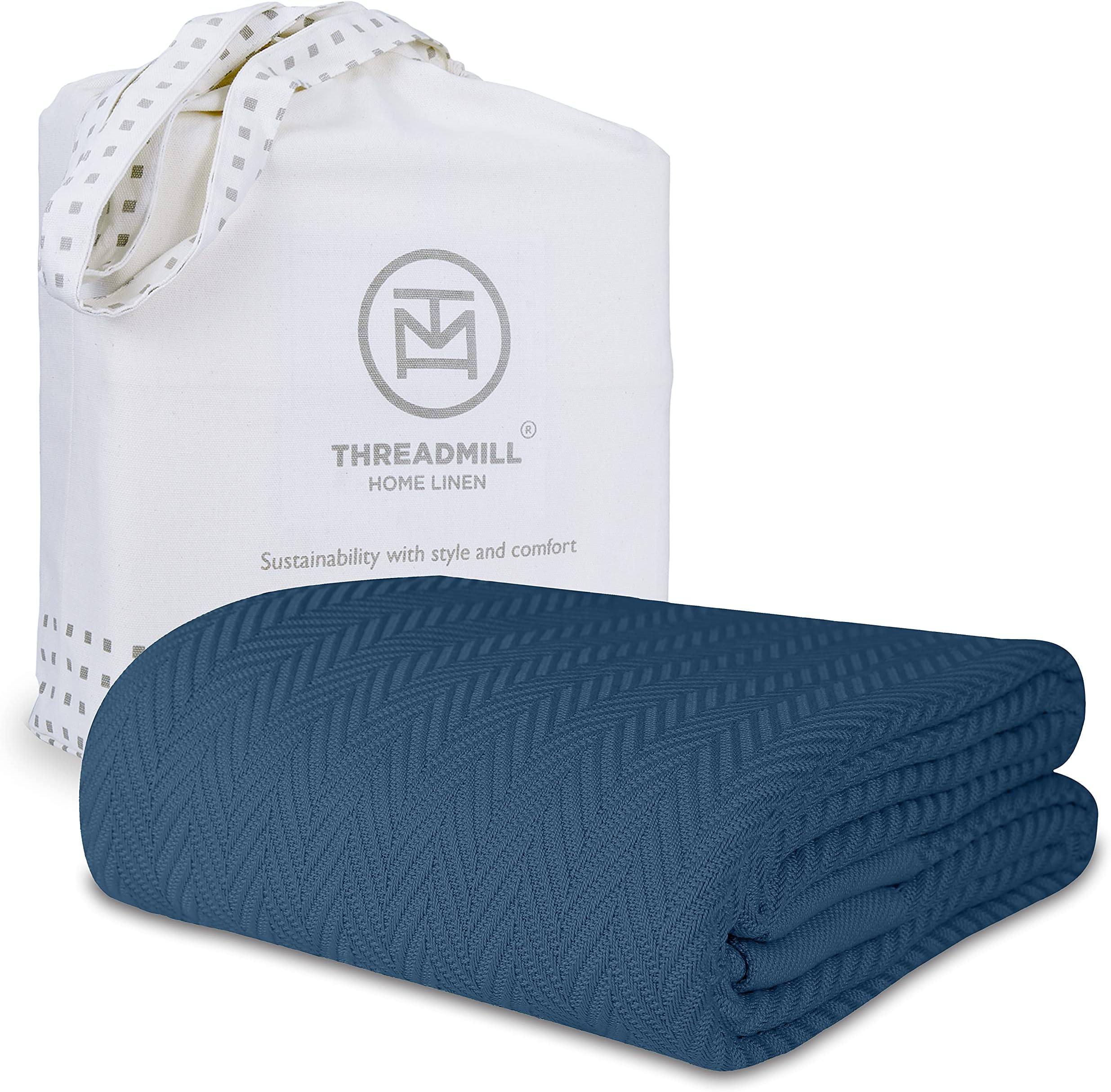 Threadmill Luxury Cotton Blankets for Twin Size Bed | All-Season 100% Cotton Twin Blanket for Bed | Herringbone Soft & Cozy Fall Thermal Blanket, 350GSM, 68x92 inches | Folkstone Blue