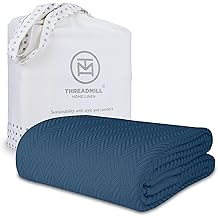 Threadmill Luxury Cotton Blankets for Twin Size Bed | All-Season 100% Cotton Twin Blanket for Bed | Herringbone Soft & Cozy Fall Thermal Blanket, 350GSM, 68x92 inches | Folkstone Blue