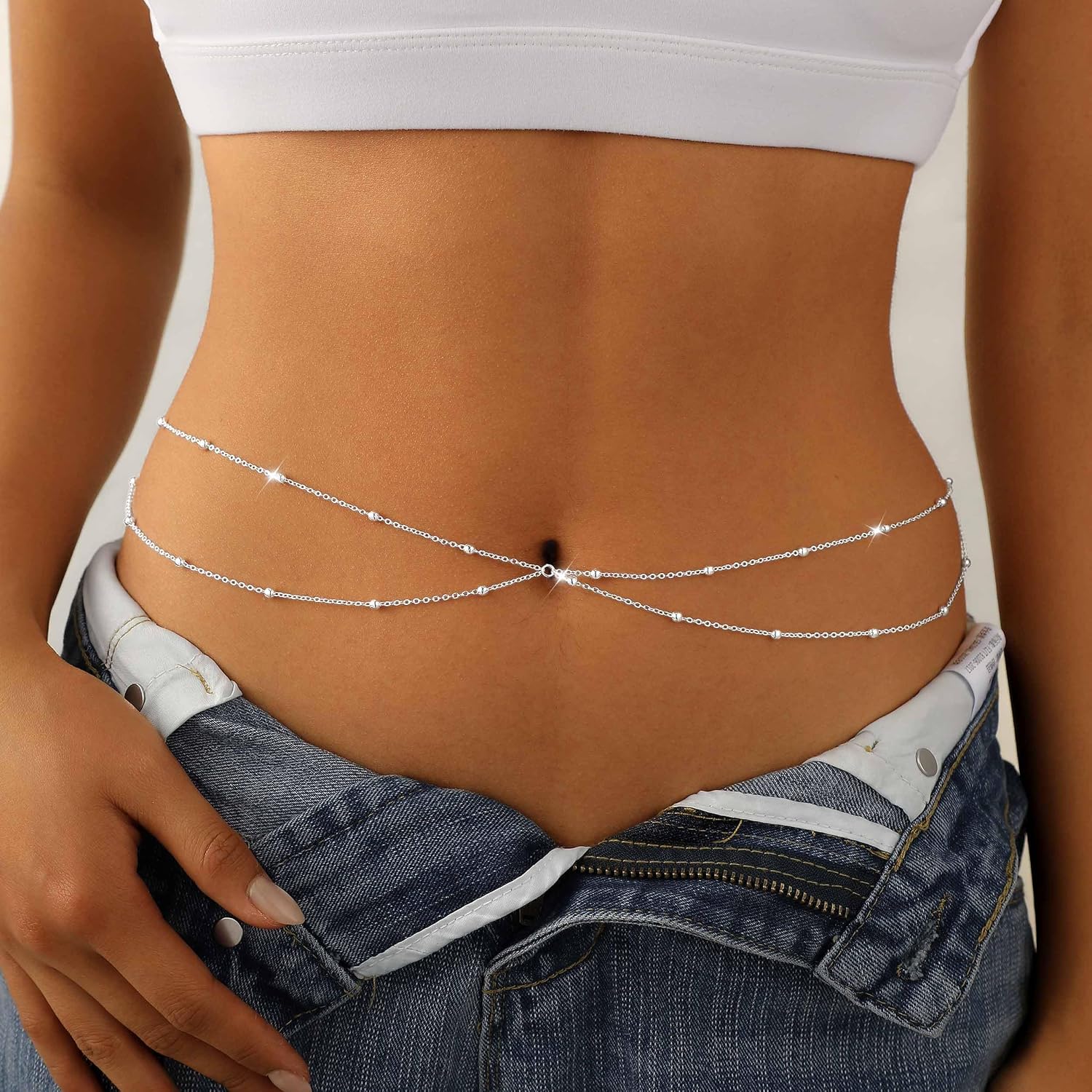 14K Gold Plated Waist Chain for Women Dainty 2Pcs Layered Belly Chain Beaded Pearl Body Chain Belt Set Waterproof Summer Beach Bikini Jewelry Accessories Adjustable Waist Beads Gift