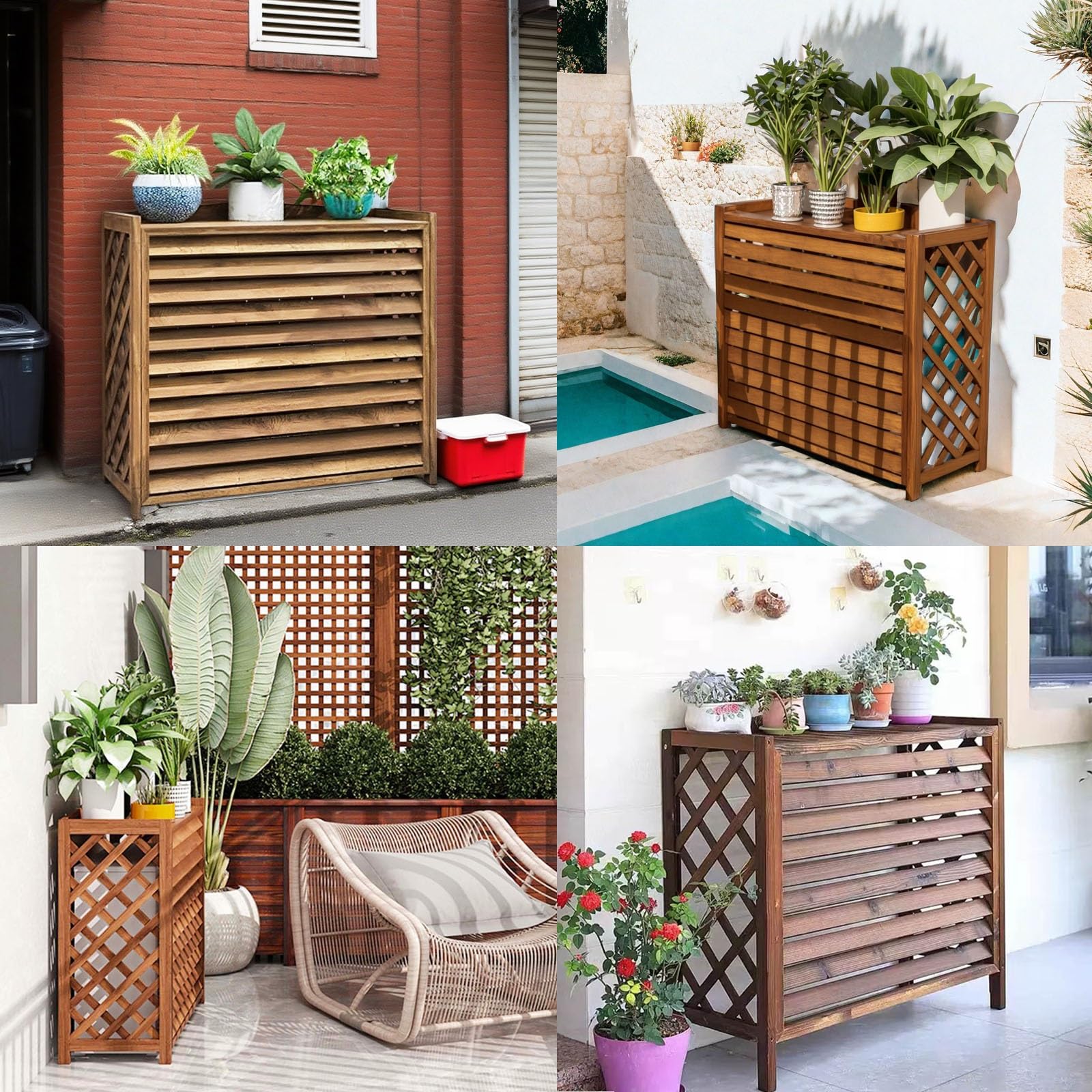 Klimaanlage Abdeckung Holz Wärmepumpe Verkleidung Balkon Sichtschutz Holz Blumenständer Draußen Klimaanlage Abdeckung Außengerät Gartenregal Wetterfest Blumenständer Massivholz(100x44x93cm)