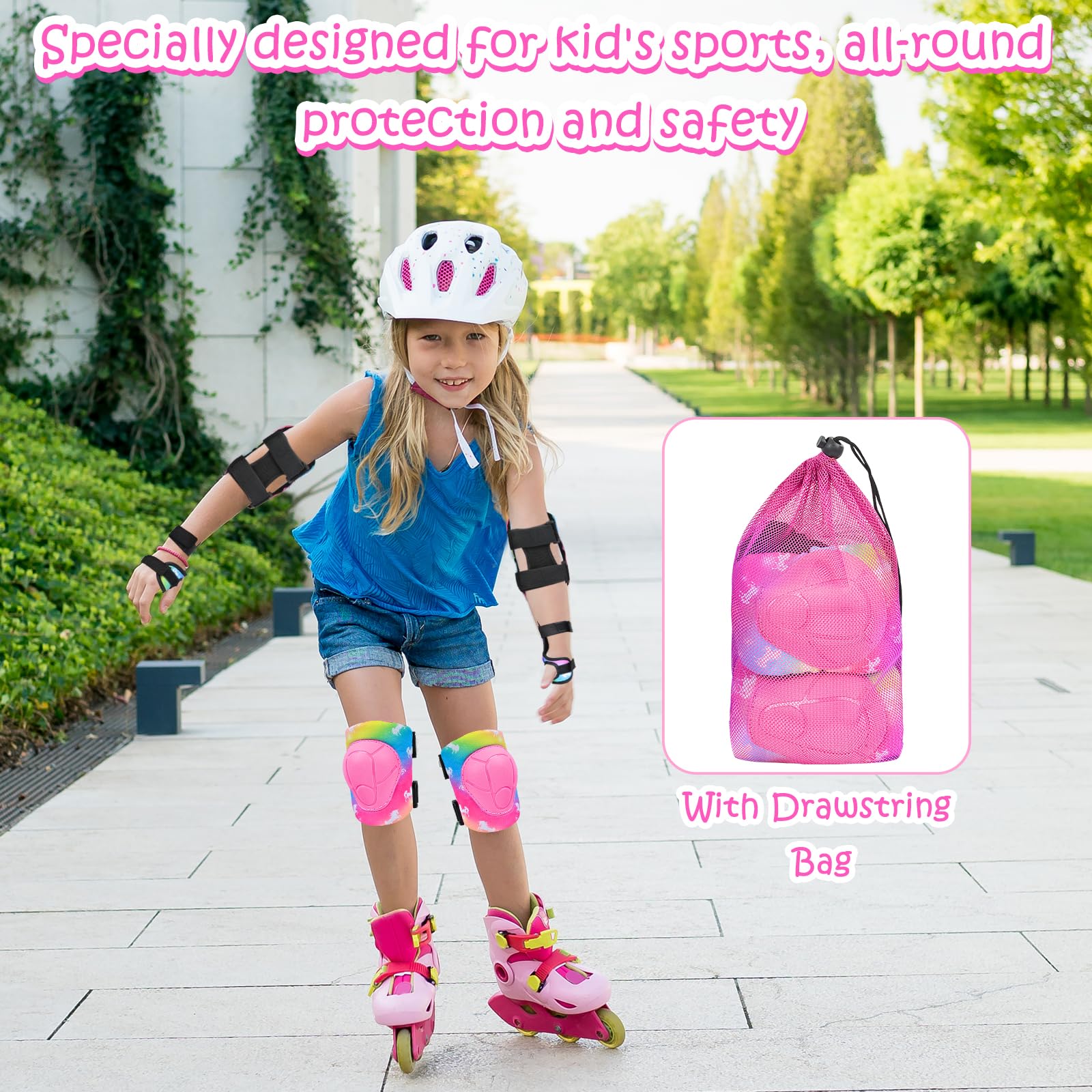 Genouillères pour enfants, équipement de protection réglable avec sac en maille, genouillères et coudières, protège-poignets pour filles, enfants, patins à roulettes, cyclisme, skateboard