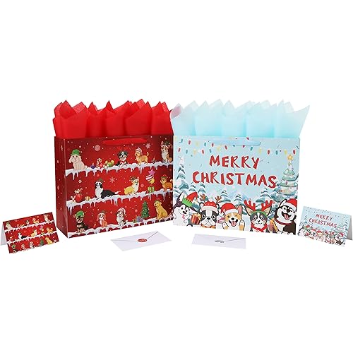 2 Pack 16.5'' Extra Large Holiday Christmas Gift Bag Set with Handles, Greeting Card, Blue Red Tissue Papers and Stickers for Gifts, Decorations, Holiday Birthday, Happy New Year, Christmas Dogs Design, 2 Pcs