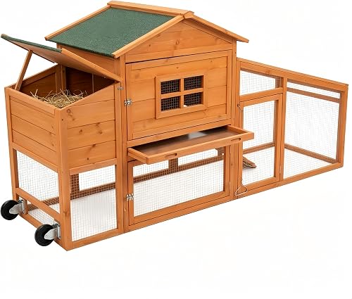 CHURRZZ Mobile Chicken Coop with Wheels for 4-6 Chickens, 81 Inch Portable Hen House with Large Run and Nesting Box CHURRZZ Mobile Chicken Coop with Wheels for 4-6 Chickens, 81 Inch Portable Hen House with Large Run and Nesting Box