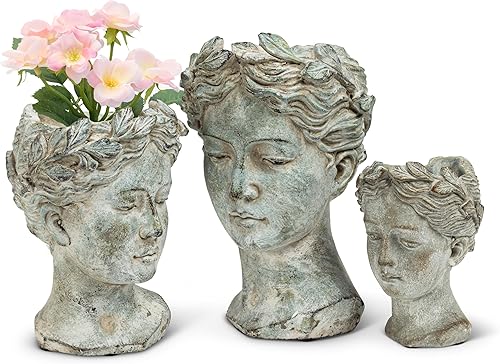 Miniatura 8 de Colección Abbott - Maceta de cabeza de diosa - Maceta pequeña de cemento para interior y exterior - Estatua de cabeza de mujer griega para flores y