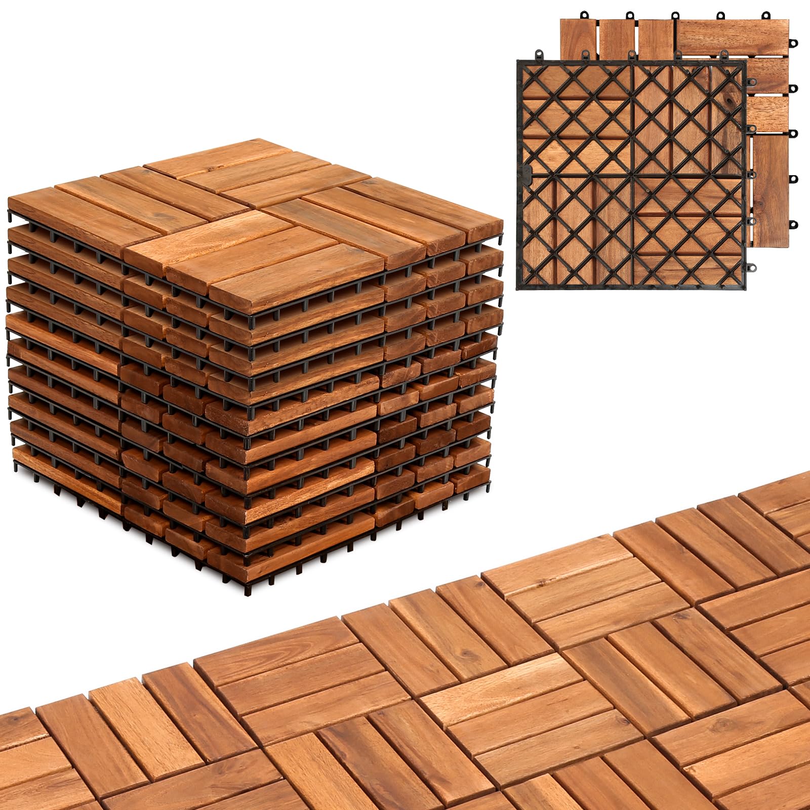5m² Holzfliesen Balkonfliesen Terrassenfliesen 30 x 30 cm, Balkonboden Wetterfest, 12 Latten Fliesen aus Akazien Holz, für Terrassen Balkon Garten(55 Stück)