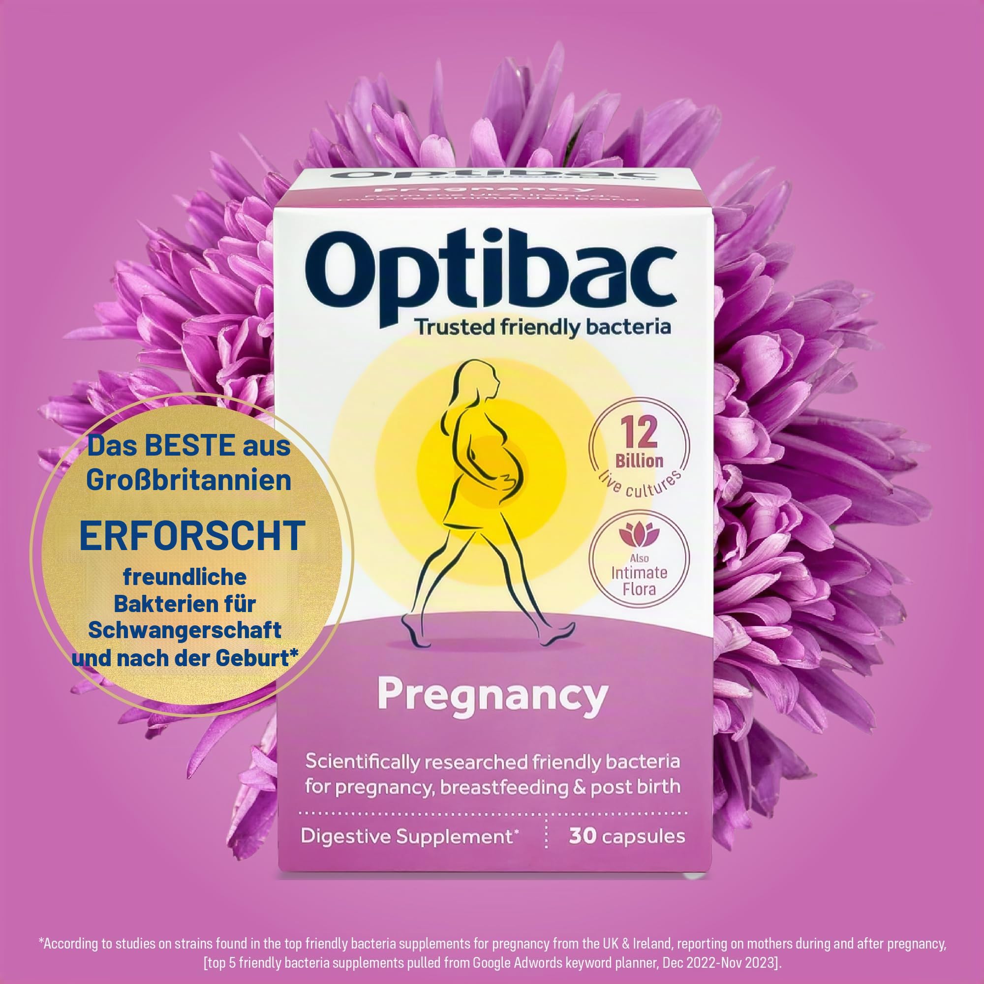 OptiBac Für Schwangerschaft | 12 Mrd Bakterienkulturen | Natürliches Nahrungsergänzungsmittel | 1-Monatspackung | 30 Kapseln