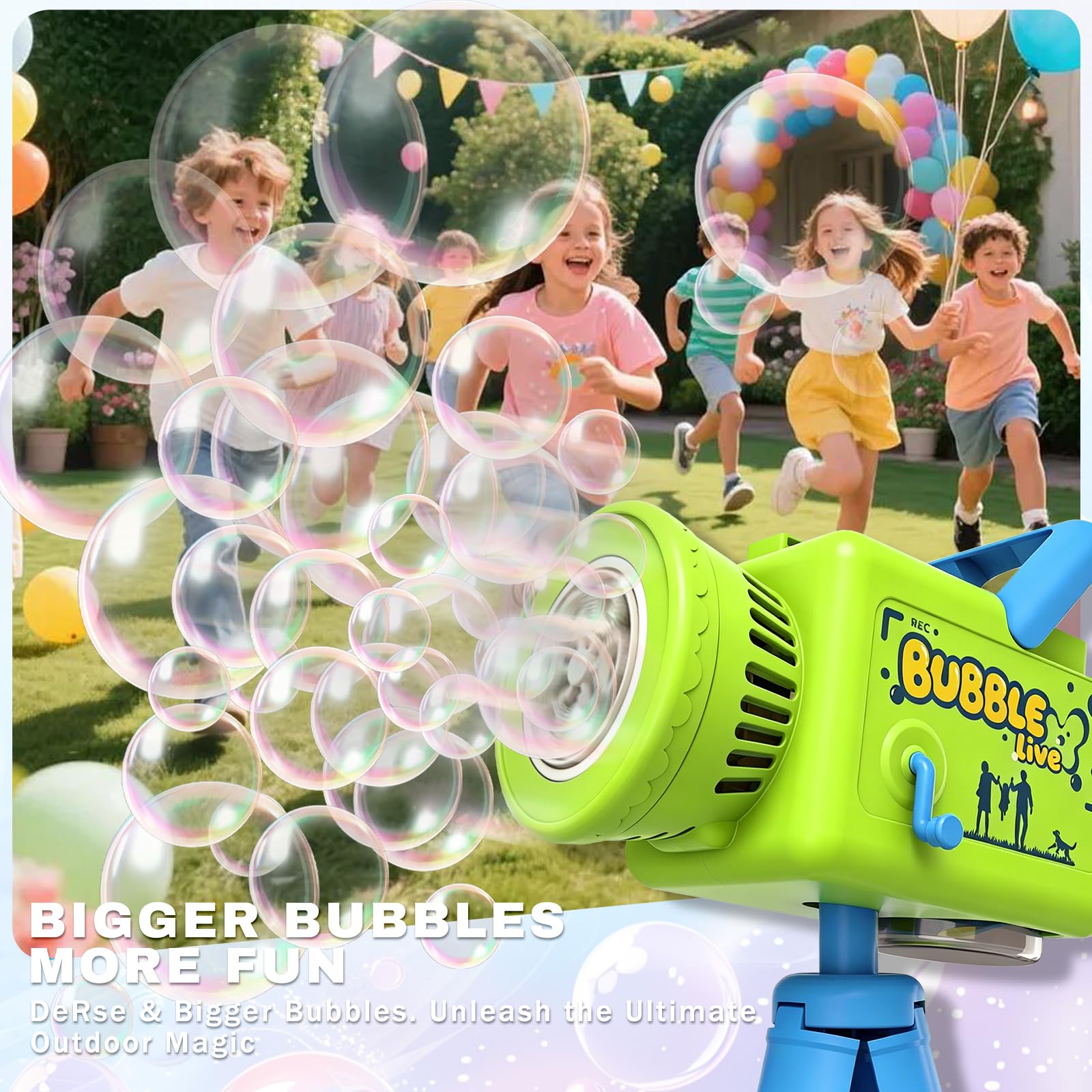 Seifenblasenmaschine Wiederaufladbar 1200mAh, 3-in-1 Handheld Seifenblasenpistole mit Stativ & 360° Drehplatte, LED Licht & Musik, Seifenblasenmaschine Kinder Outdoor für Hochzeit Garten