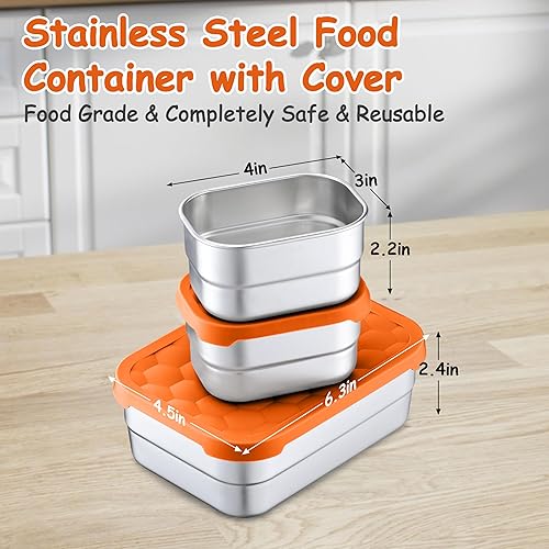 Miniatura 2 de Homikit Juego de 3 cajas de almuerzo para niños, cajas Bento de acero inoxidable 1810 con tapas de silicona a prueba de fugas, 5 tazas reutilizables