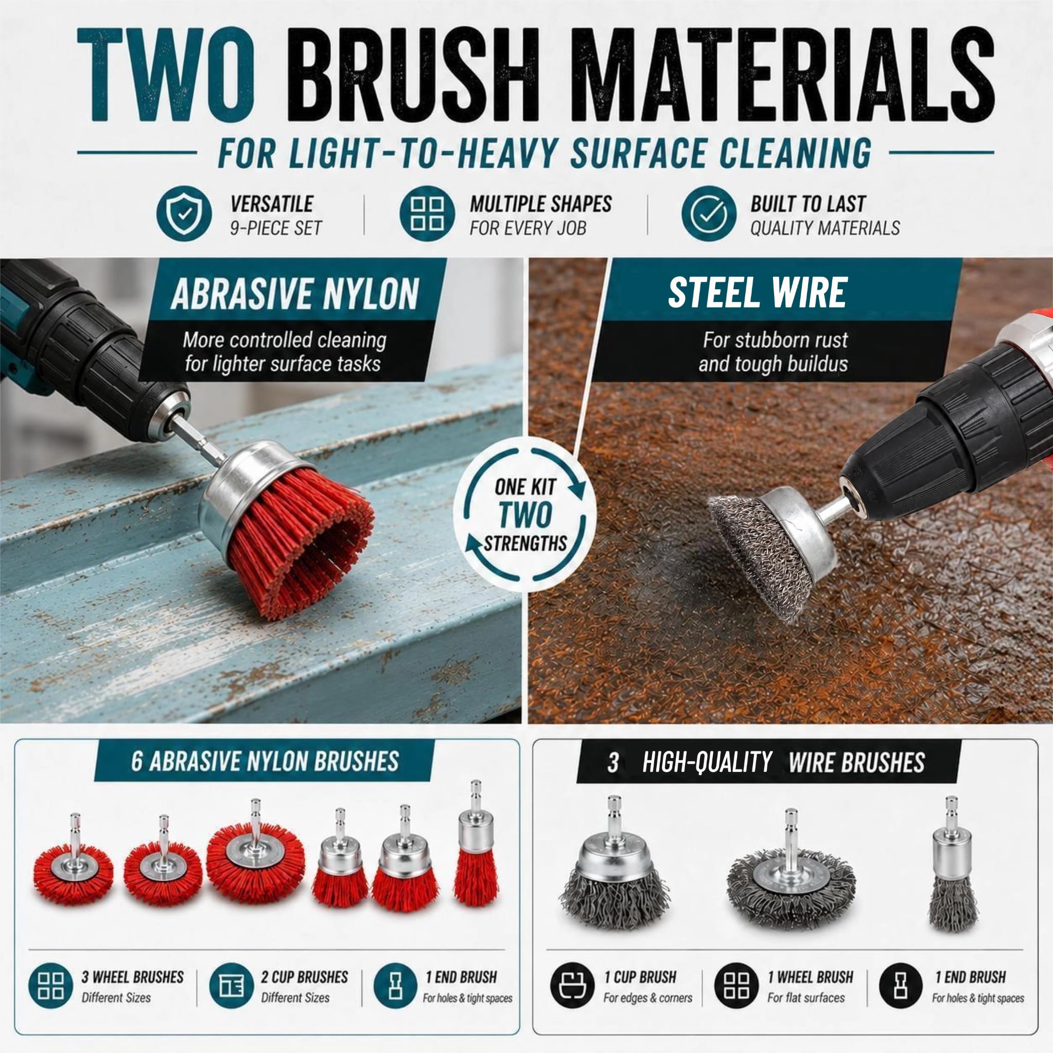9 Drill Brush Set - Nylon & Steel for Rust Removal -3