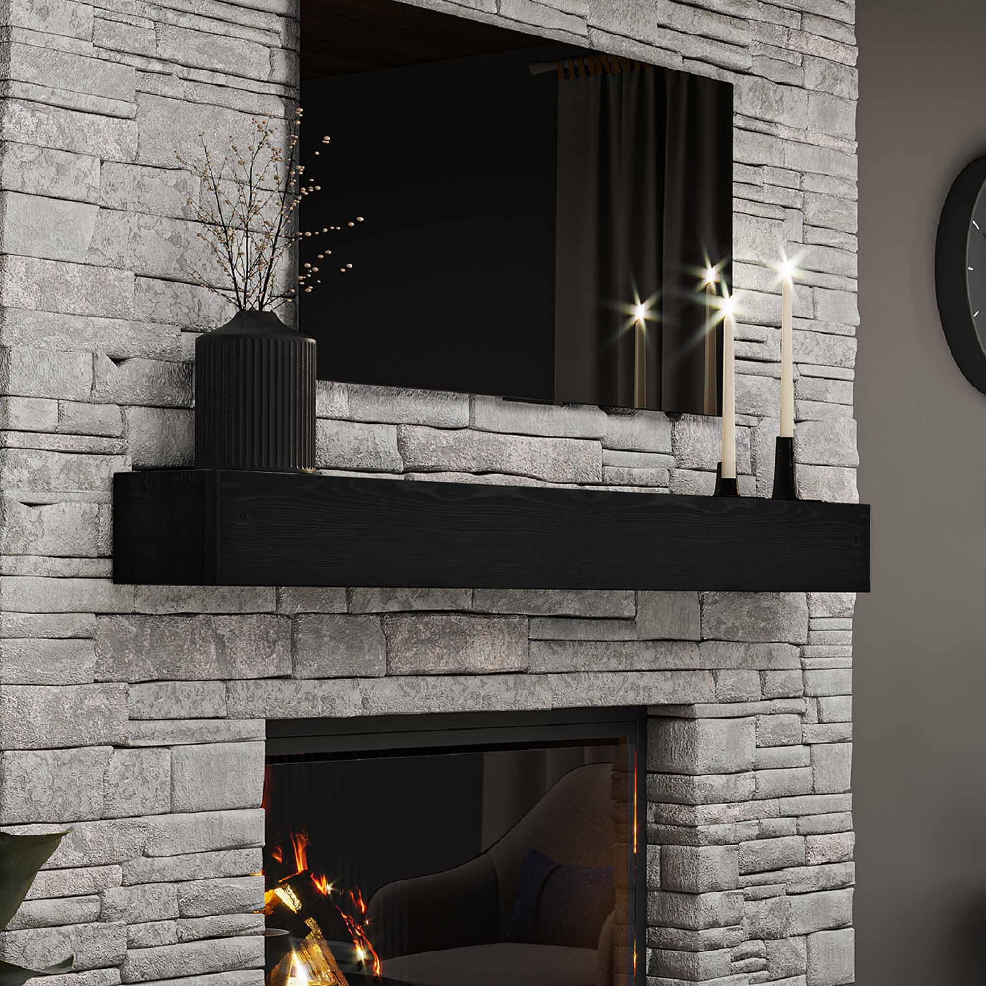 BoscoMondo 6.7" Thick Distressed Fireplace Mantel, Handcrafted Rustic Wooden Construction, Wall-Mounter Floating Farmhouse Shelf - 6.7 Thickness - 72 Deep Black