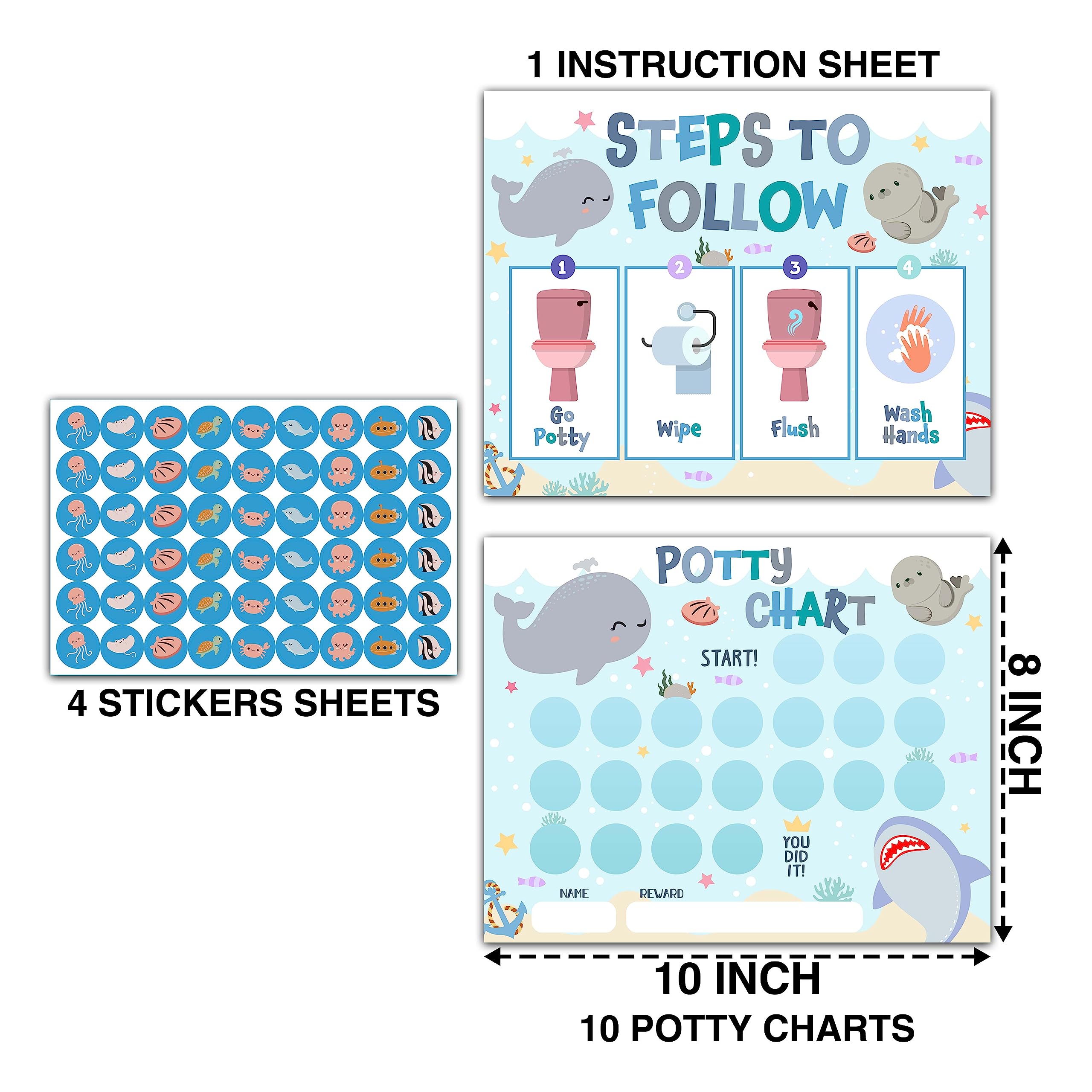 Under The Sea Animals Potty Training Sticker Chart, 10 Potty Charts with 216 Round Stickers & 1 Instruction Sheet, Potty Reward Sticker Chart for Toddlers Boys Girls - A12